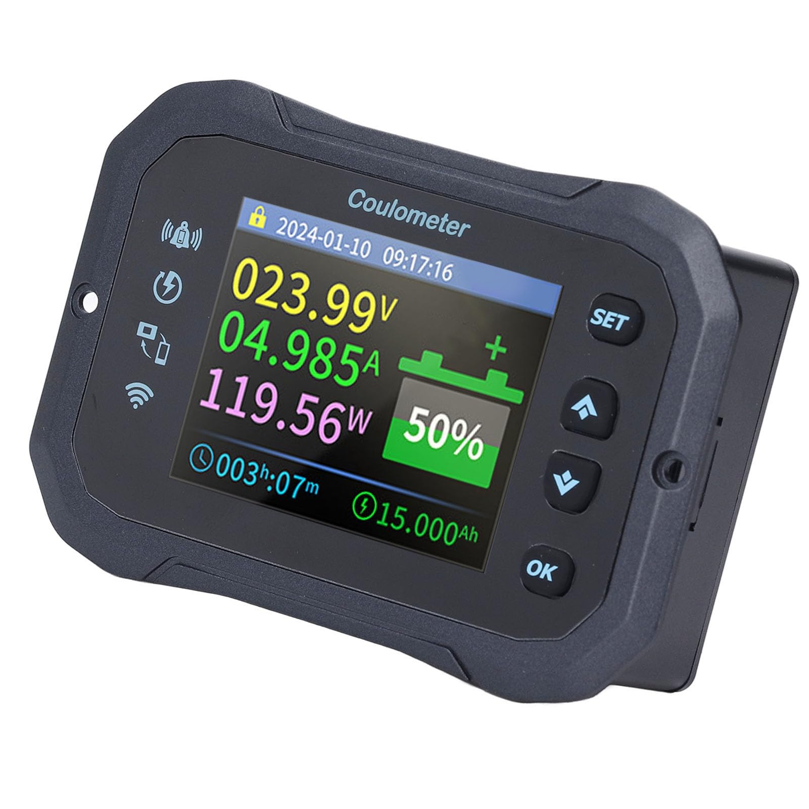 Luocute Monitor Baterii, 10-100 V 0-50 A APP Zdalne Monitorowanie Monitor Baterii, 2,4-calowy Ekran HD, Pomiary Wielu Parametrów, Wbudowane Przypomnienie, Do Akumulatorów VRLA, LFP, Li