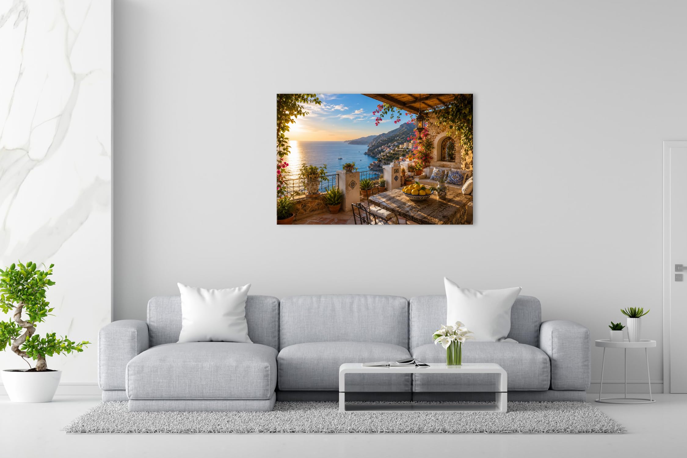 Farbenhorizont Leinwandbild Mediterrane Terrasse mit Meerblick im goldenen Abendlicht Format:90x60cm XXL Wandbild auf Keilrahmen/Kunstdruck/Bild Wohnzimmer Dekoration