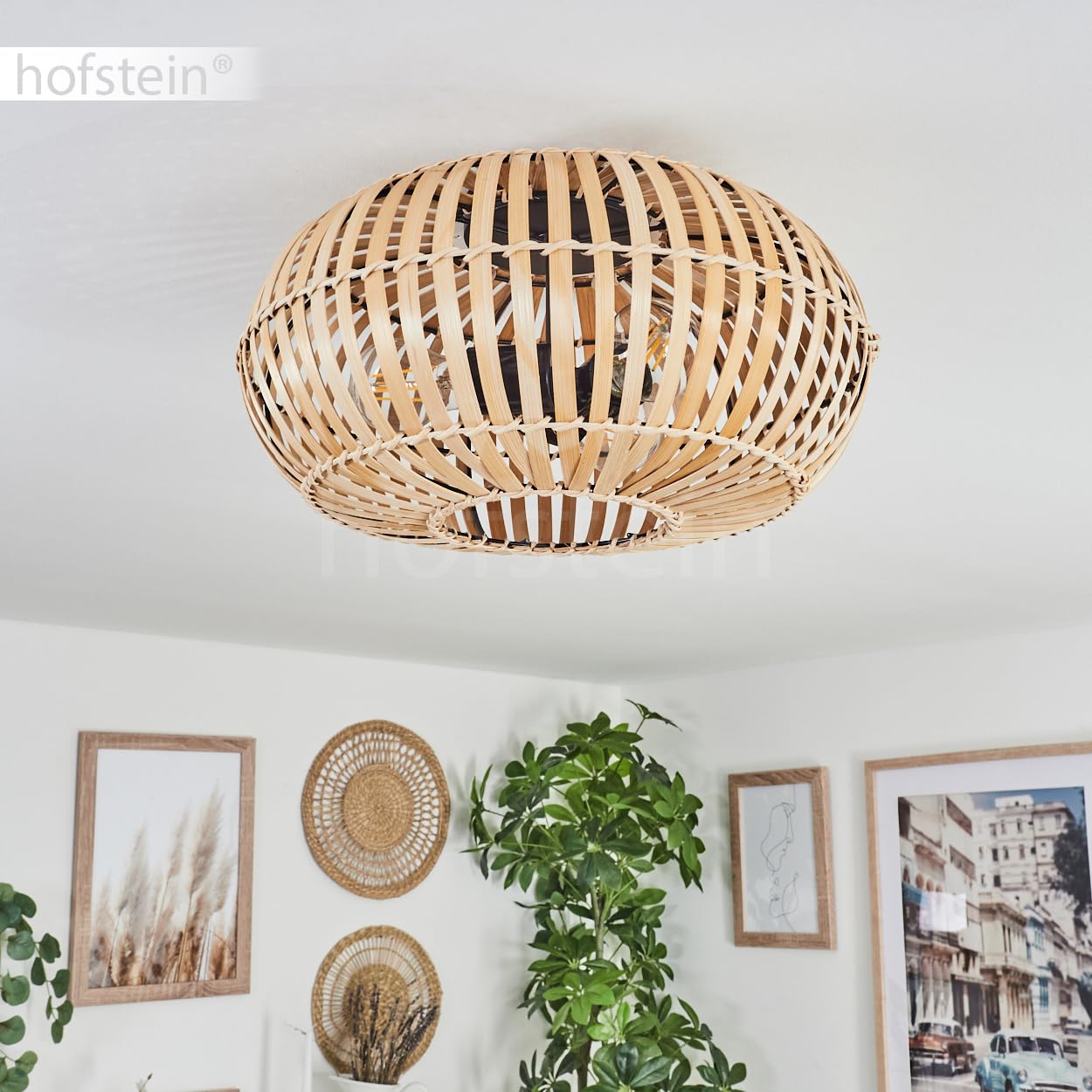 Plafondlamp Oravi, moderne plafondlamp van metaal/bamboe in zwart/natuur/donkerbruin, plafondlamp in boho-design met leuk lichteffect aan het plafond, 30 cm, 1 lichtpunt, 1 x E27, zonder lamp