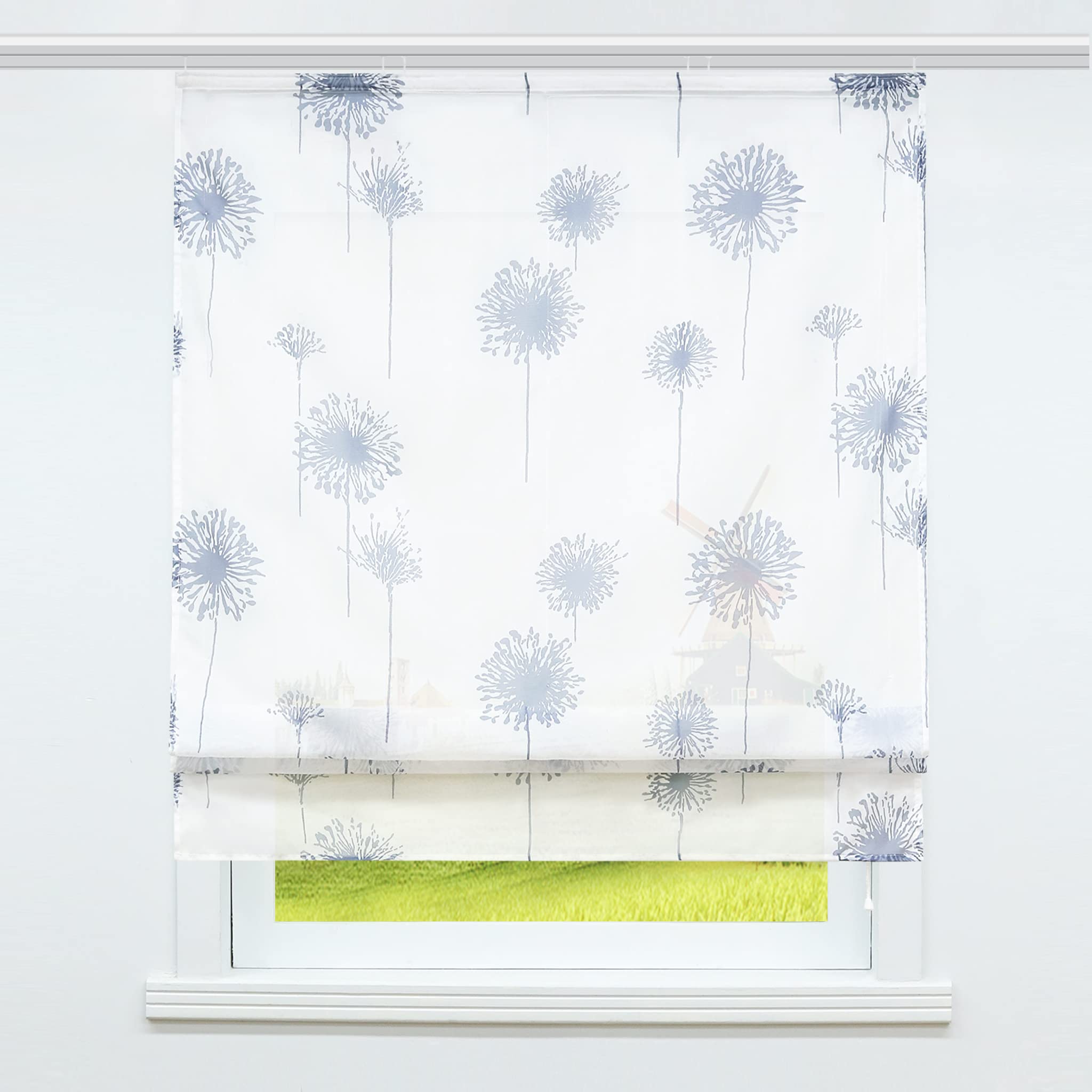 Voile Raffrollo mit Klettband Küche Transparente Raffgardine Bändchenrollo mit Pusteblume Druck Modern Weiß BxH 140x140cm 1 Stück