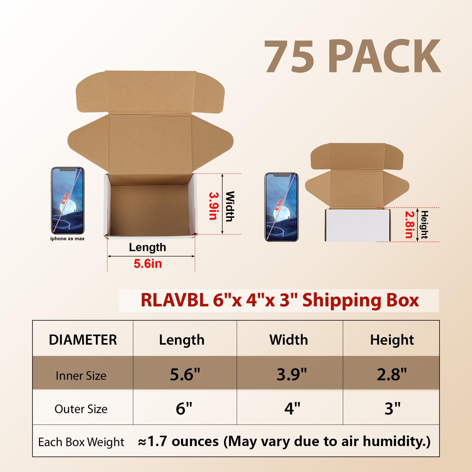 RLAVBL Juego de 75 cajas de envío de 6 x 4 x 3 pulgadas, caja de cartón corrugado pequeña, color blanco