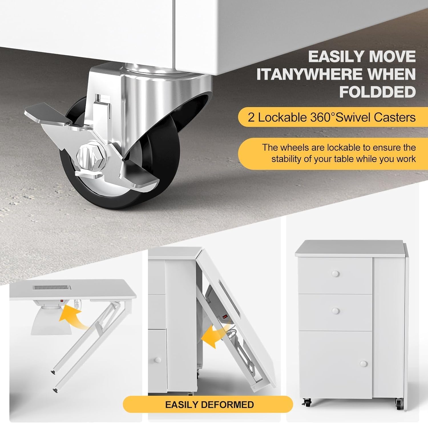 Foldable Manicure Table Nail Table,Folding Nail Desk Station for Nail Tech w/Electric Downdraft Vent,Lockable Wheels,Foldable Nail Arm Rest,Storage Drawers,Wooden Handles(White)