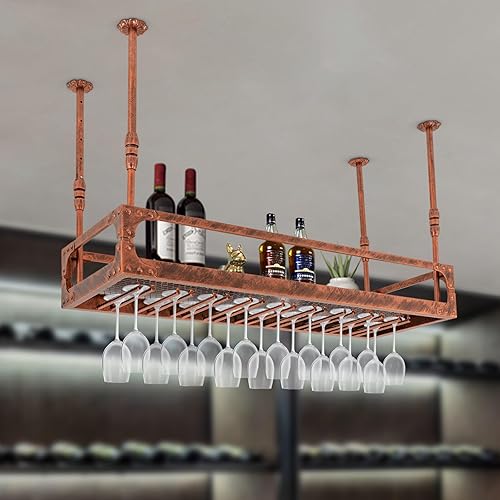 Miniatura 9 de Botellero colgante vintage con soporte para vidrio y estante, 39 pulgadas montado en el techo para botella de vino y soporte para vidrio, estante de