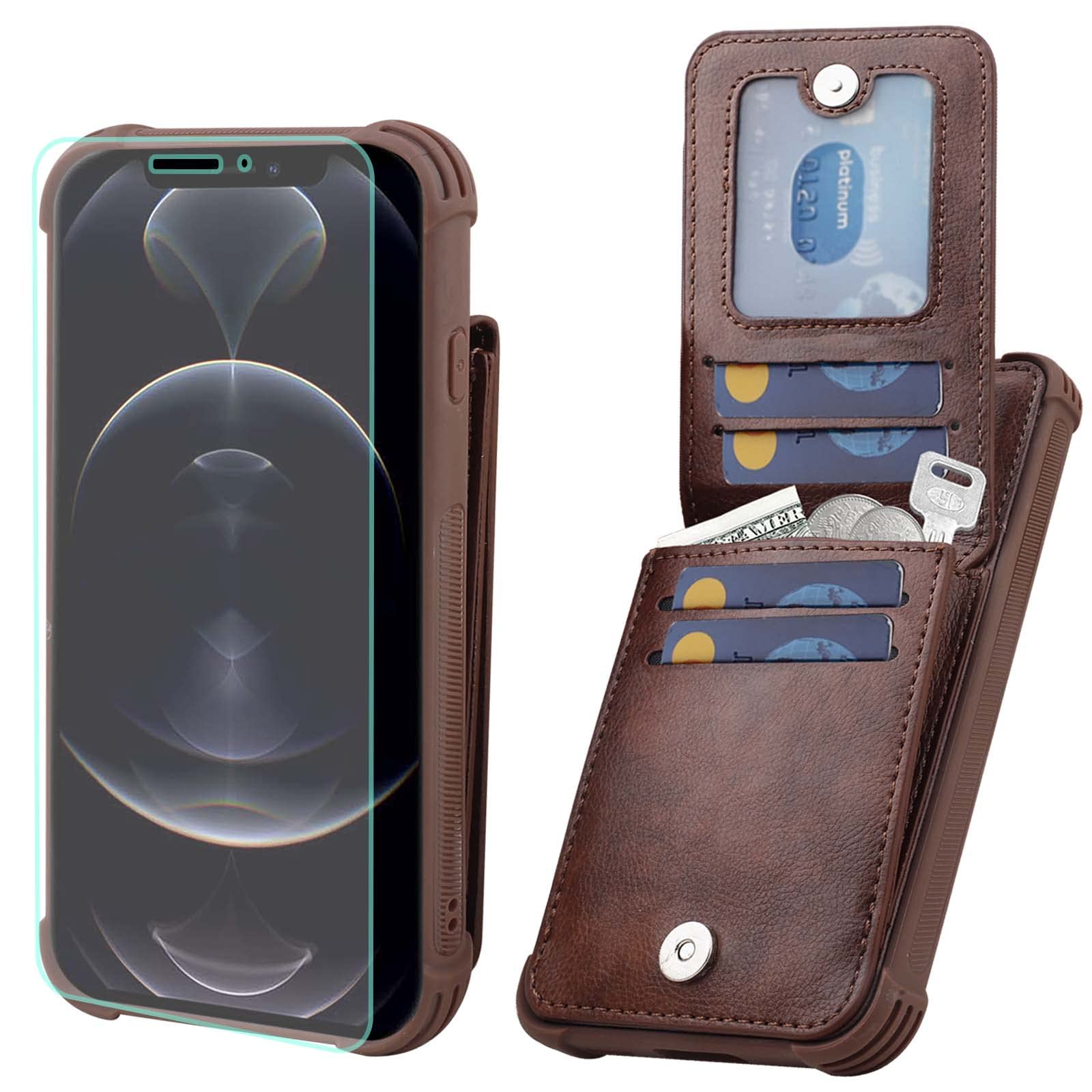 VANAVAGY Compatible for iPhone 12/12 Pro Wallet Case for Women and Men,Leather Magnetic Clasp Flip Folio Phone Cover with Credit Card Holder and Coin Pocket,Brown