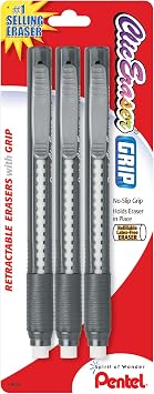 Pentel ZE21BP3K6 Clic Eraser Pencil-Style Grip Eraser Assorted 3-Pack