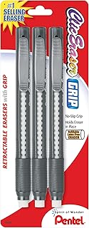 Pentel Clic Retractable Eraser with Grip, Assorted Barrel Colors, Pack of 3 (ZE21BP3K6)