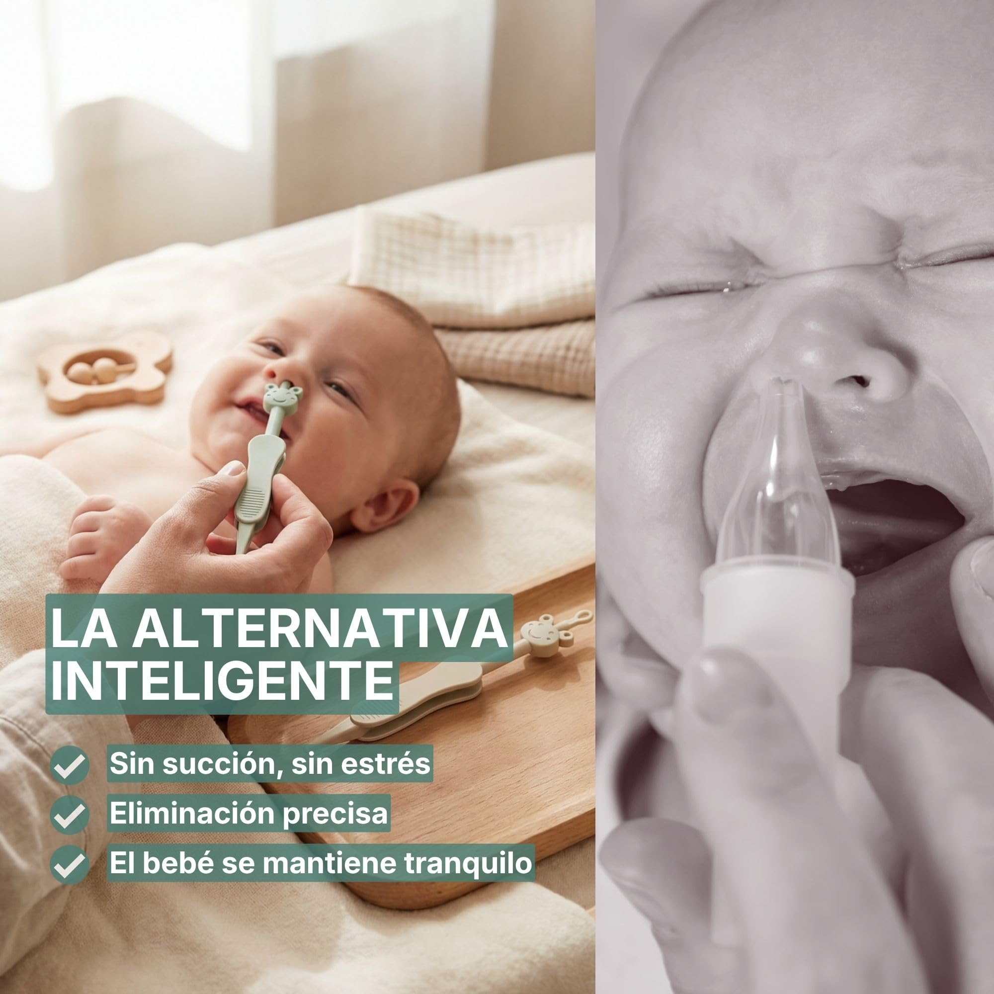 Limpiador de nariz y oídos para bebés con pinzas - Alternativa 3 en 1 al aspirador nasal - Sin BPA - Verde/Beige