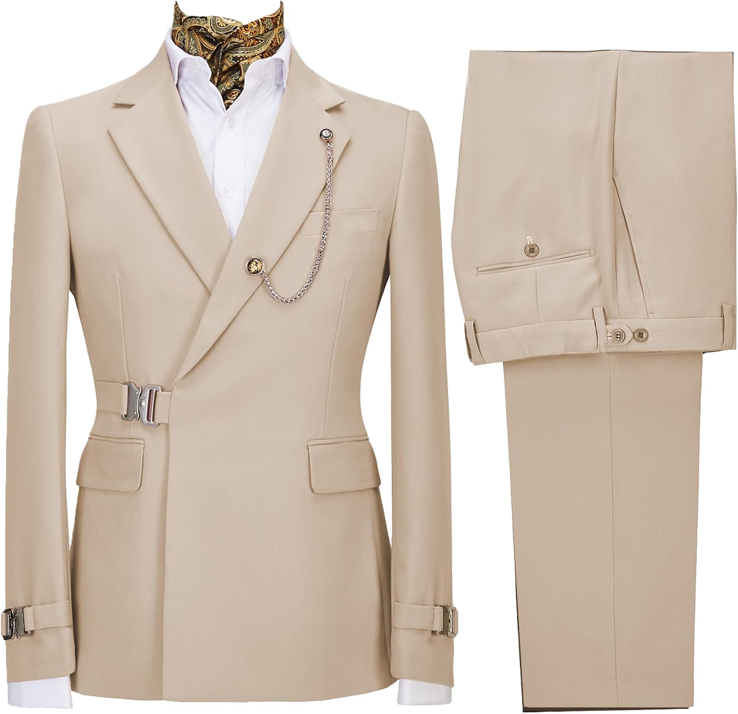Men's 2 Piece Business Leisure Fashion Slim Suit Double Breasted Prom Tuxedo Suits Party Wedding Solid Blazer Pants (Beige 2,US Size XXS=Aisa XS)