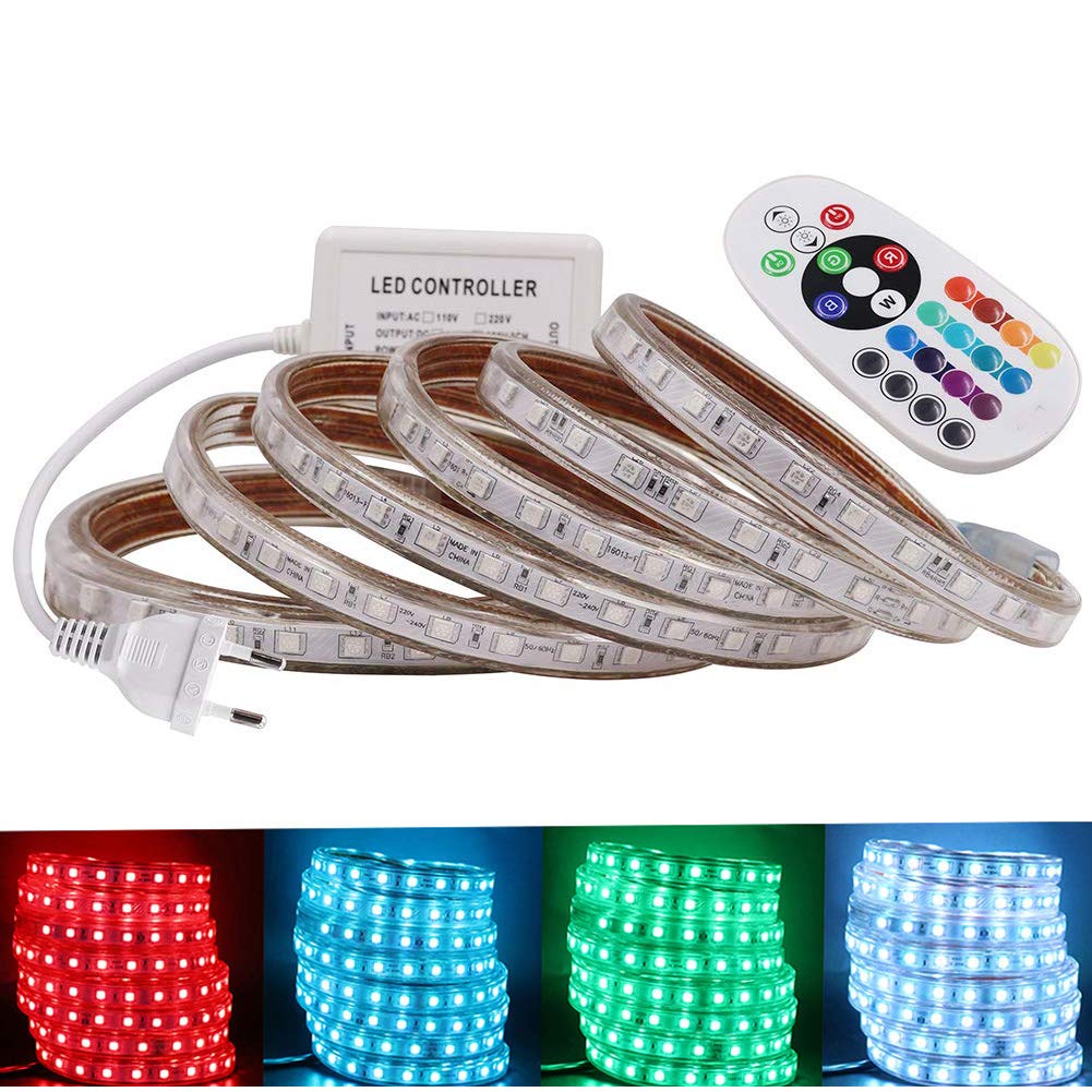 Xunata - Kit di strisce LED RGB, impermeabili IP67, telecomando a 24 pulsanti, SMD 5050, AC 220 V 240 V, illuminazione per interni, con alimentatore 9m 60 Leds/M
