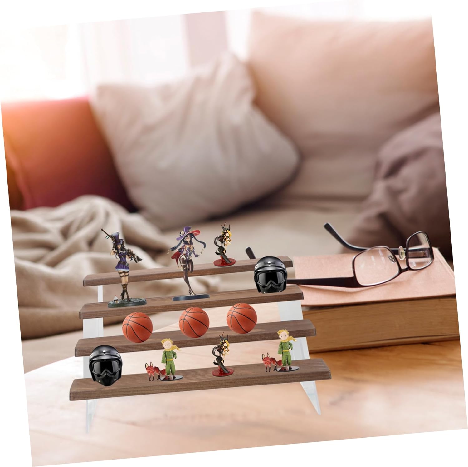 4tier Wooden and Acrylic Display Stand for Collectible Figures Toys and Perfume Sturdy Storage Rack for Home Shop Use Strong Load-bearing Capacity Smooth Polishing Finish