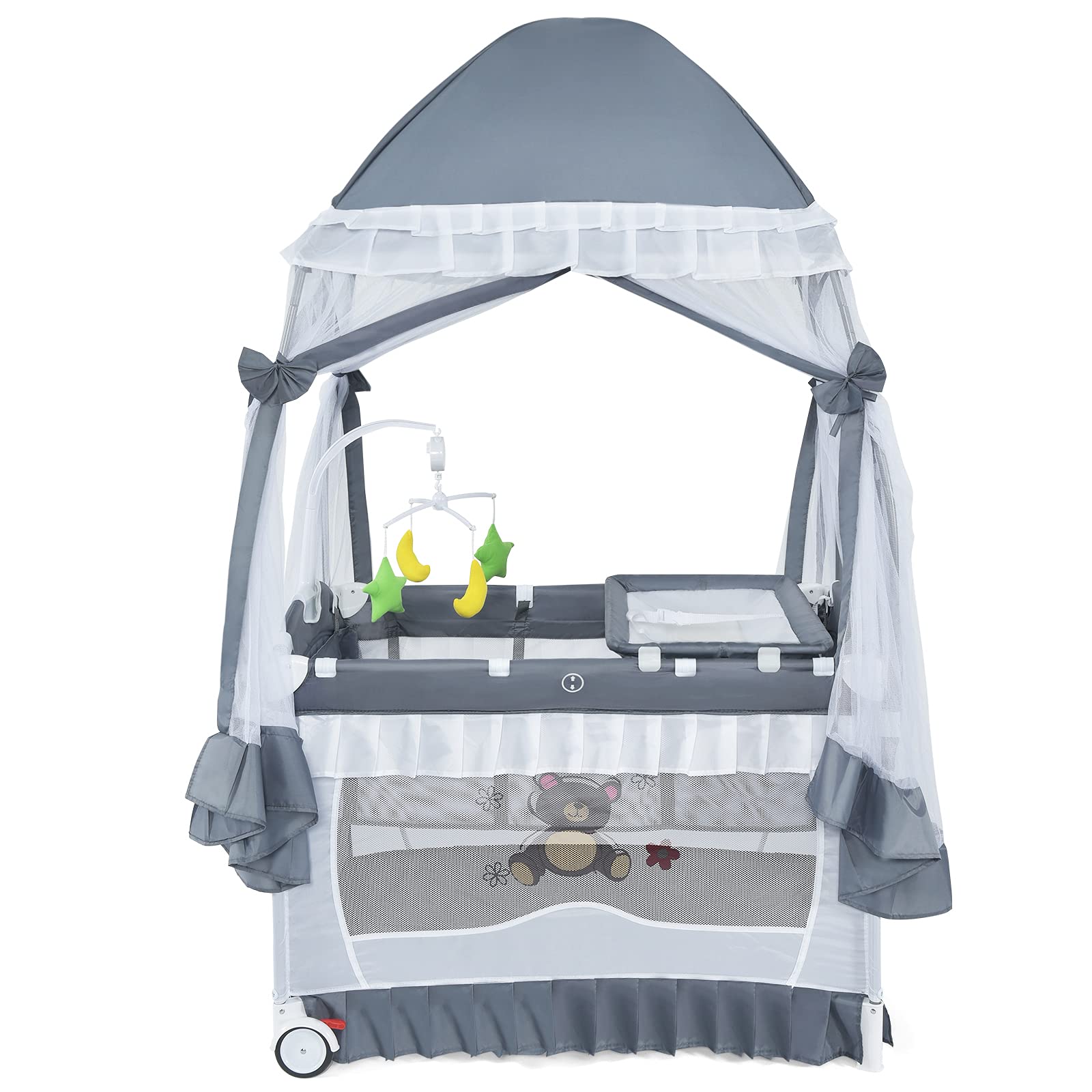 GOPLUS Cuna de Viaje Plegable, Cuna Bebe Portátil con Juguetes & Mosquitera & Música, Cuna para Bebé con Cambiador Desmontable, Cuna Convertible con Bolsa de Transporte, para 0-36 Meses (Gris) (Gris)