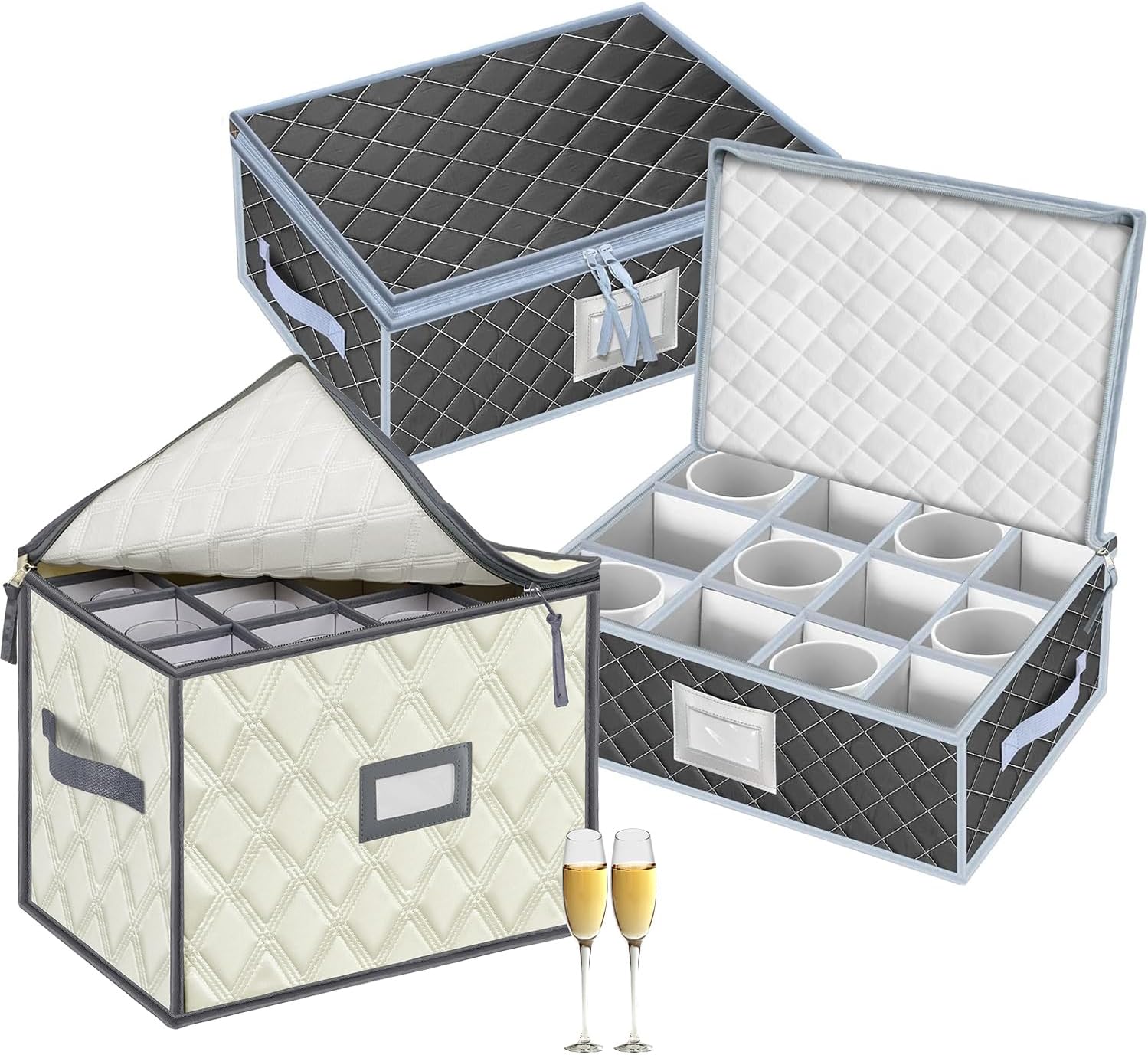 VERONLY China Storage Containers, Wine Glass Storage Box with Dividers, Holds 12 Champagne Flute Glasses up to 10" Tall, Stemware Storage Case, Durable Quilted Microfiber Bin with Carry Handles