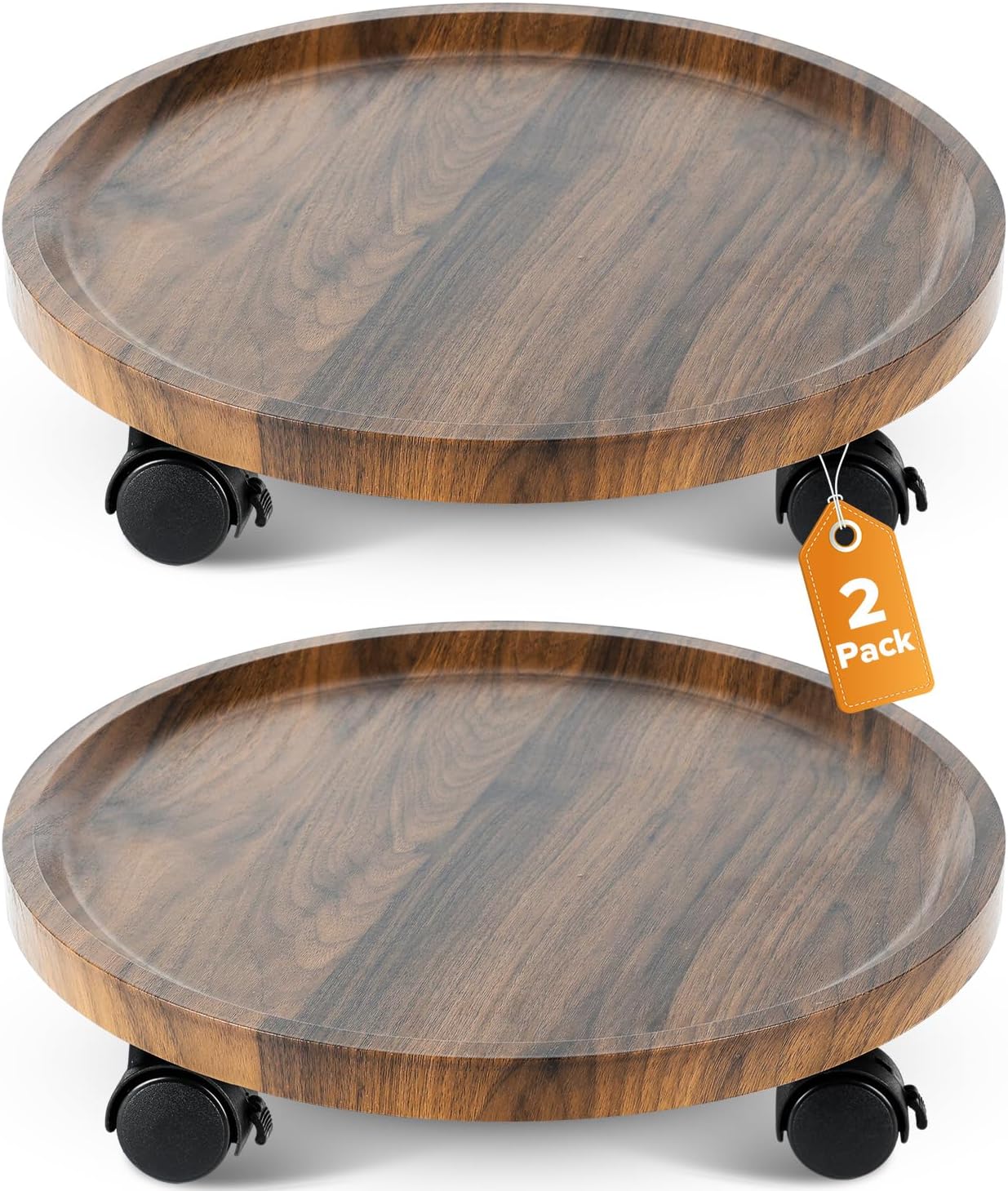 2 Pack Plant Caddy with Wheels, 14" Wood Rolling Plant Stand with 360° Lockable Wheels, Plant Stands Outdoor for Large Plants, Flower Cart Plant Dolly Plant Caster for Heavy Objects, Walnut