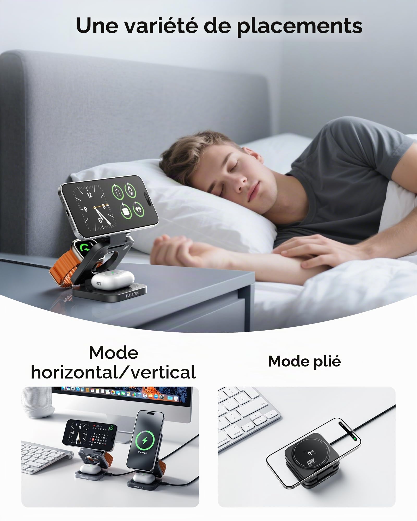 Qi2 Station de charge 3 en 1 Apple avec Made for Watch [MFi], chargeur de voyage pliable MagSafe 15 W Compatible pour iPhone 17 Pro Max/17 Air/17 Pro/17, chargeur 5 W pour Apple Watch 11, AirPods bloc