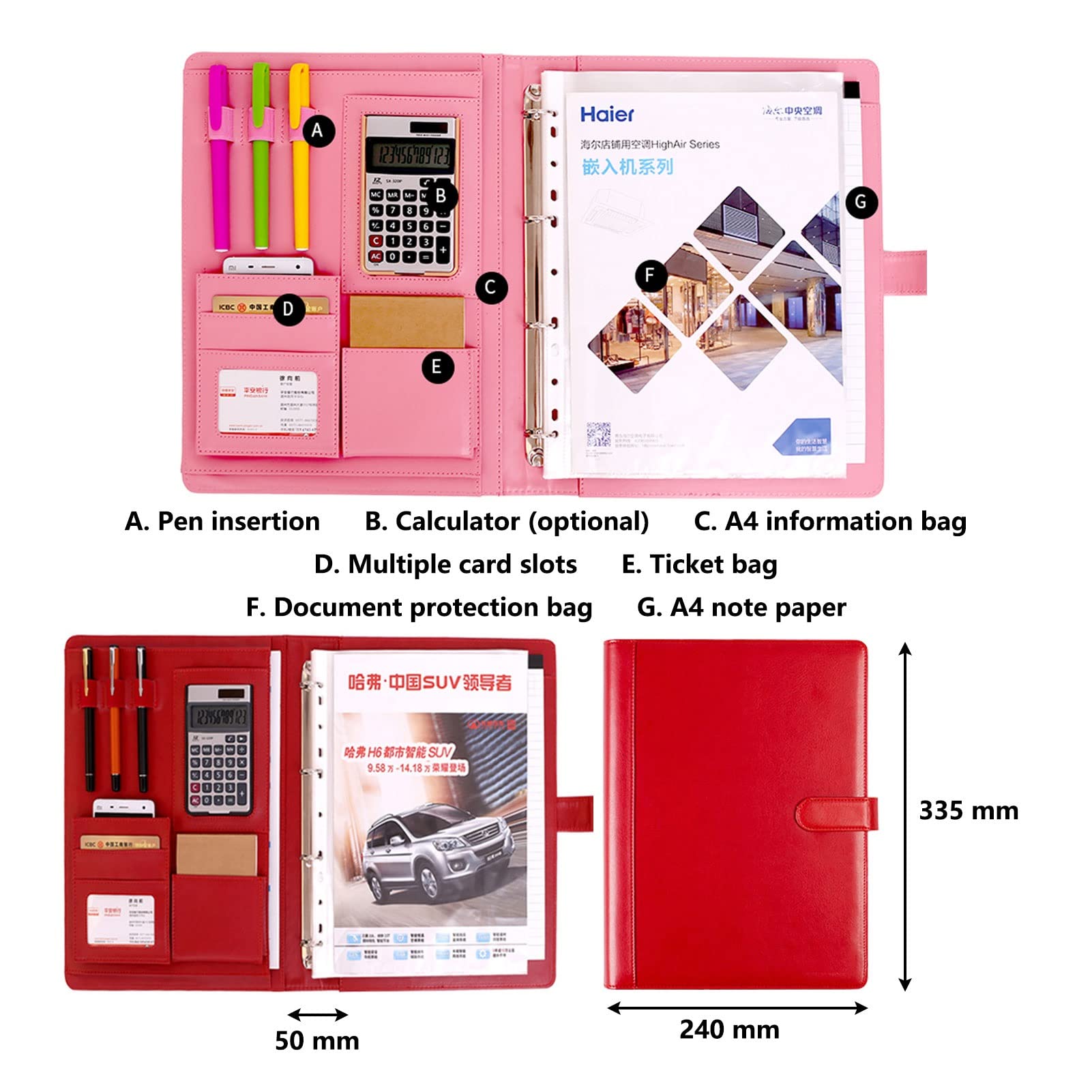 Porte Documents A4 Padfolio Portefeuille Dossier De Conférence Multifonctionnel Business Executive avec Poche pour Document pour Femmes Hommes (Color : Black)