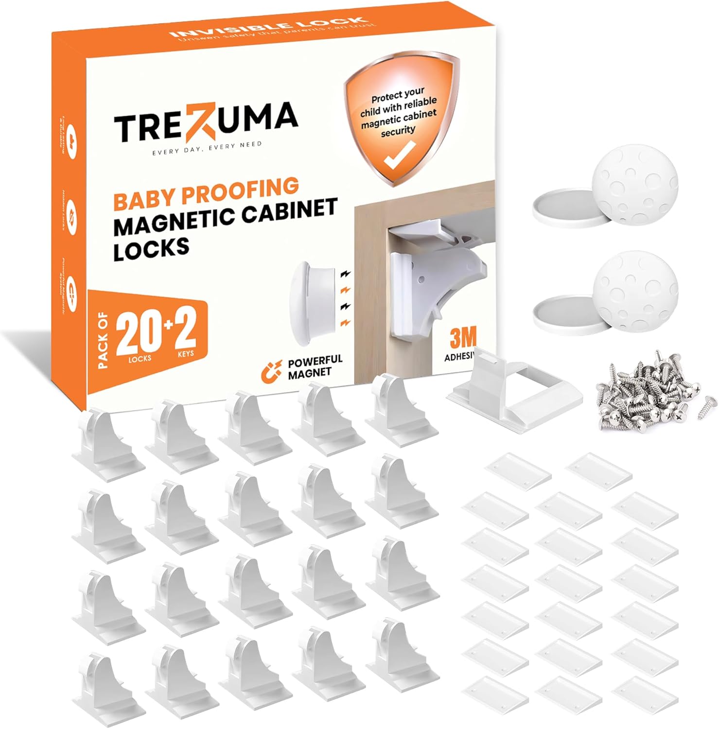 Magnetic Cabinet Locks Baby Proofing (20 Locks + 2 Keys) – Child Proof Cabinet Locks with Easy Adhesive Installation – Child Safety Locks for Kitchen, Cabinets & Drawers with Optional Screws