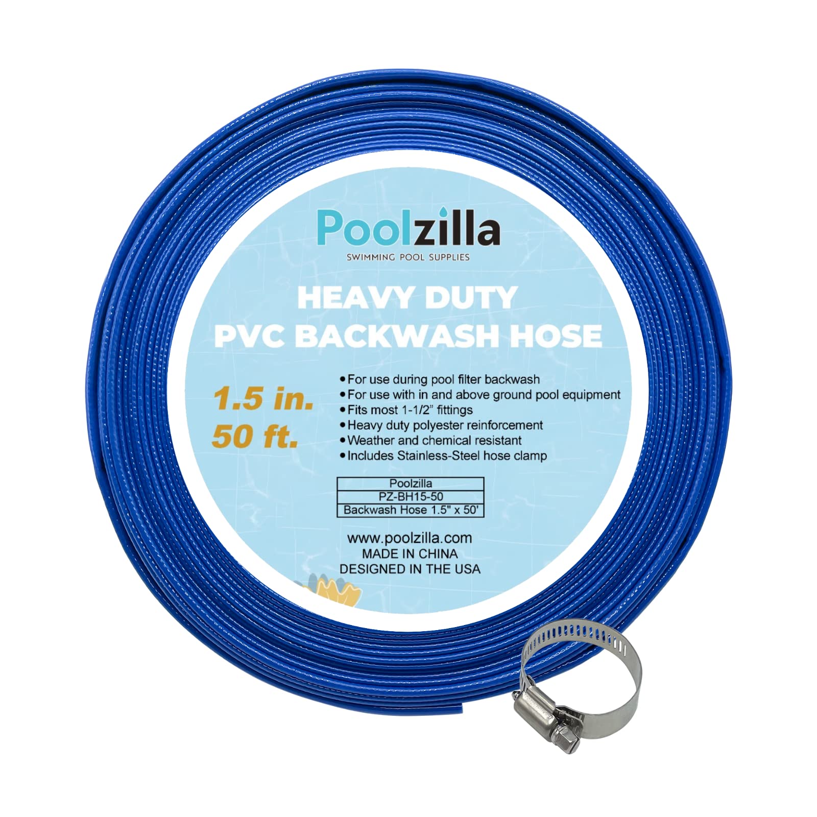 PoolzillaSwimming Pool Backwash Hose - Drain Hose For Above Ground Pools and Inground Pools- Durable PVC Pool Filter Hose - Pool Pump Hose For Discharge - 1 Hose (1.5"x50')