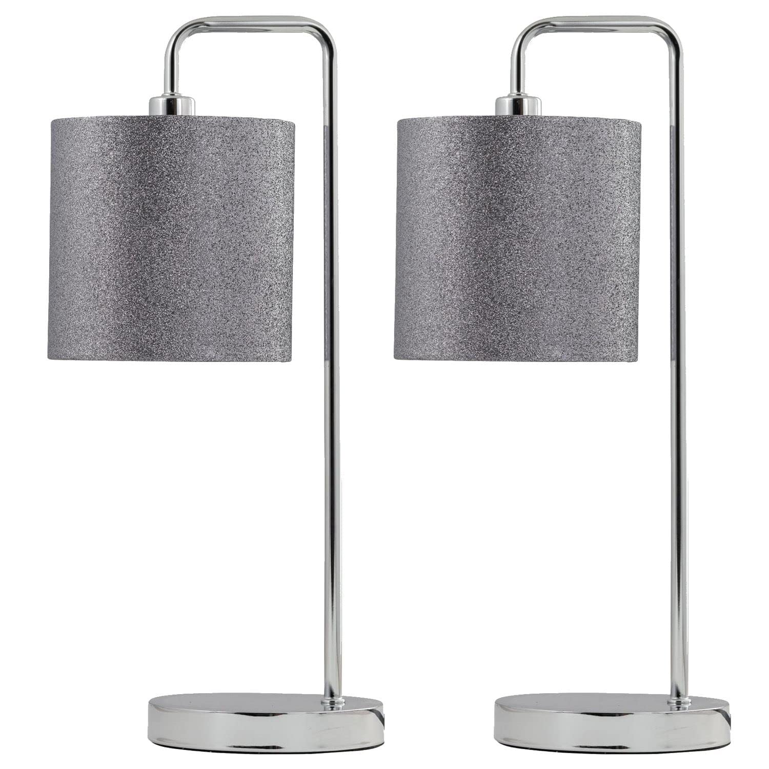 Set of 2 Chrome Arched Table Lamps - Grey Glitter Shades - 46cm Height - E14 SES Bulb Fitting