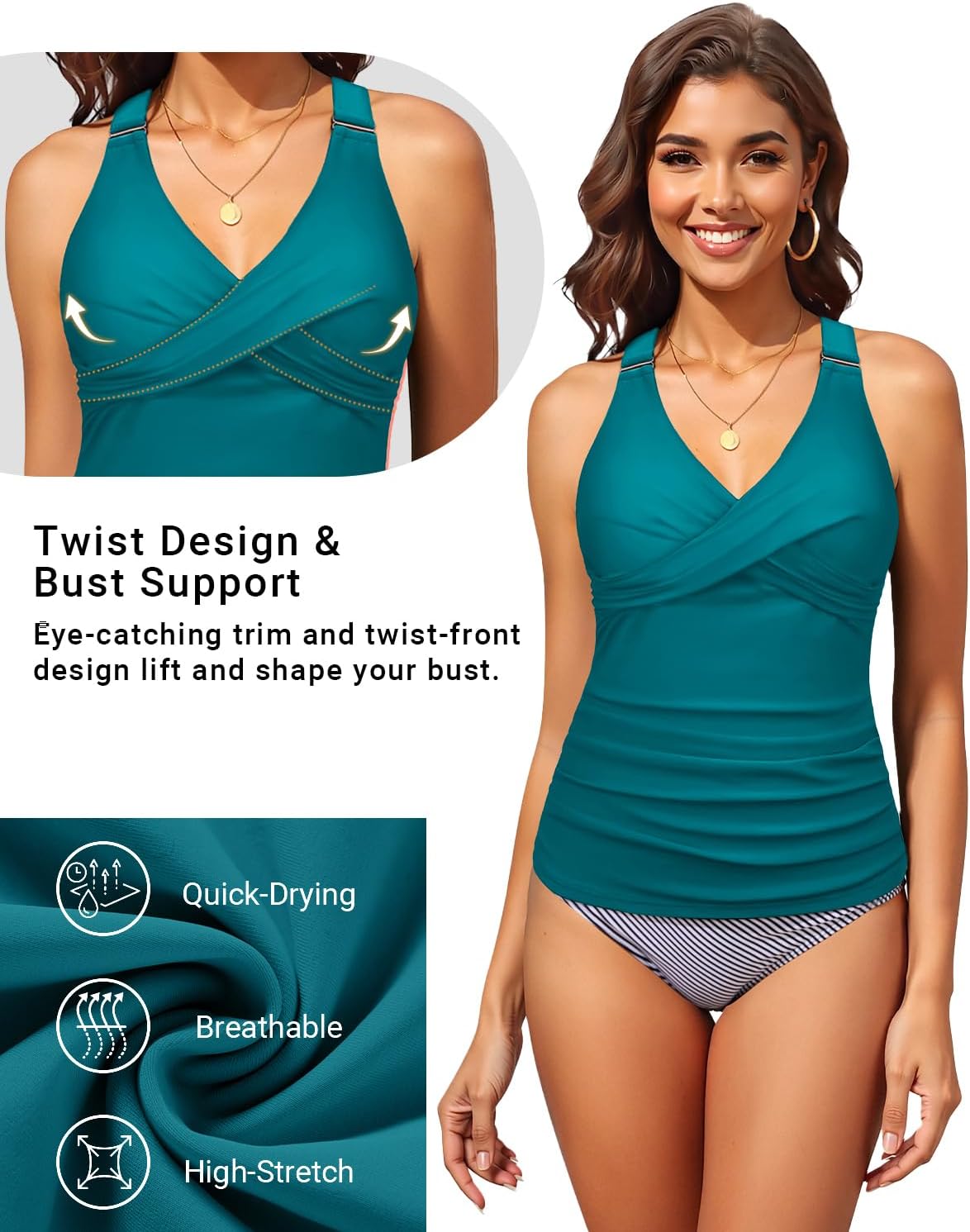 Daci Women's Tankini Top Only - Tummy Control Twist Front Swim Top Athletic Cross Back Supportive Bathing Suit 2026 - Image 4