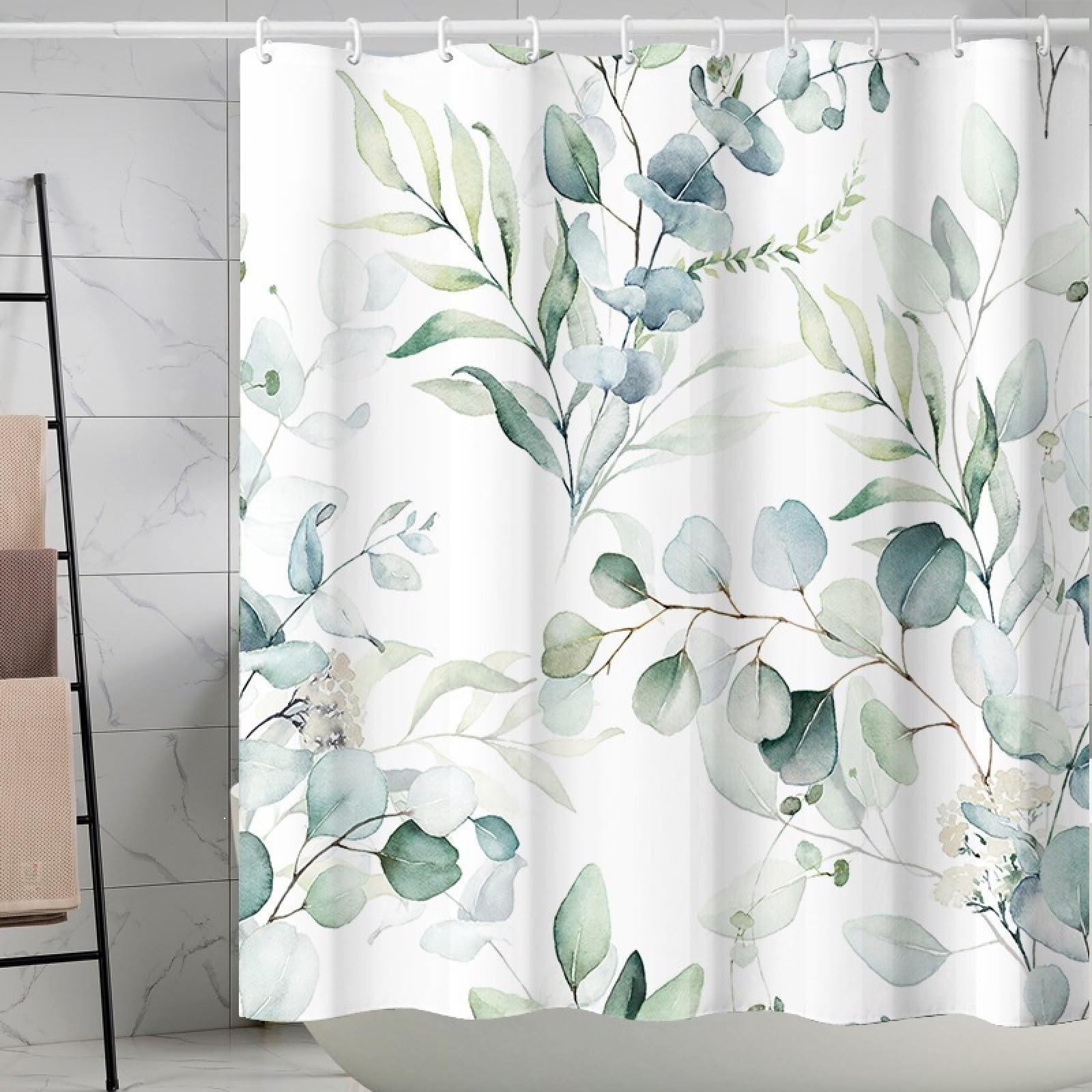 Shower Curtains Blue Green Leaves Wet Room Shower Curtain Mould Proof Resistant Waterproof Polyster Fabric Washable with 12 Hooks Garden Bathroom Curtains (180x180cm)