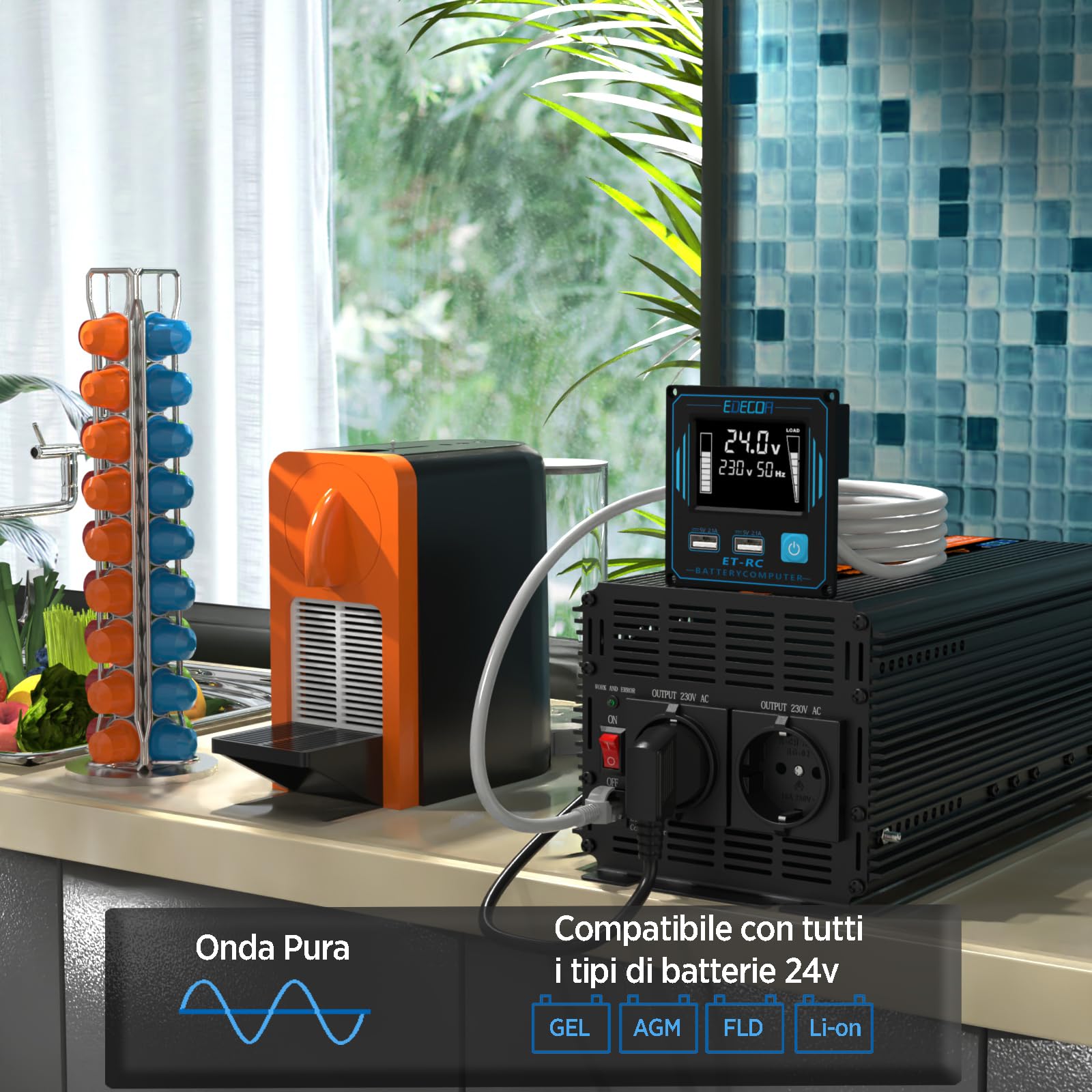 EDECOA Inverter 24V-230V Onda Pura 2000W 2xUSB Schermo LCD e Telecomando Camion Convertitore (2000W Nuovo Telecomando)