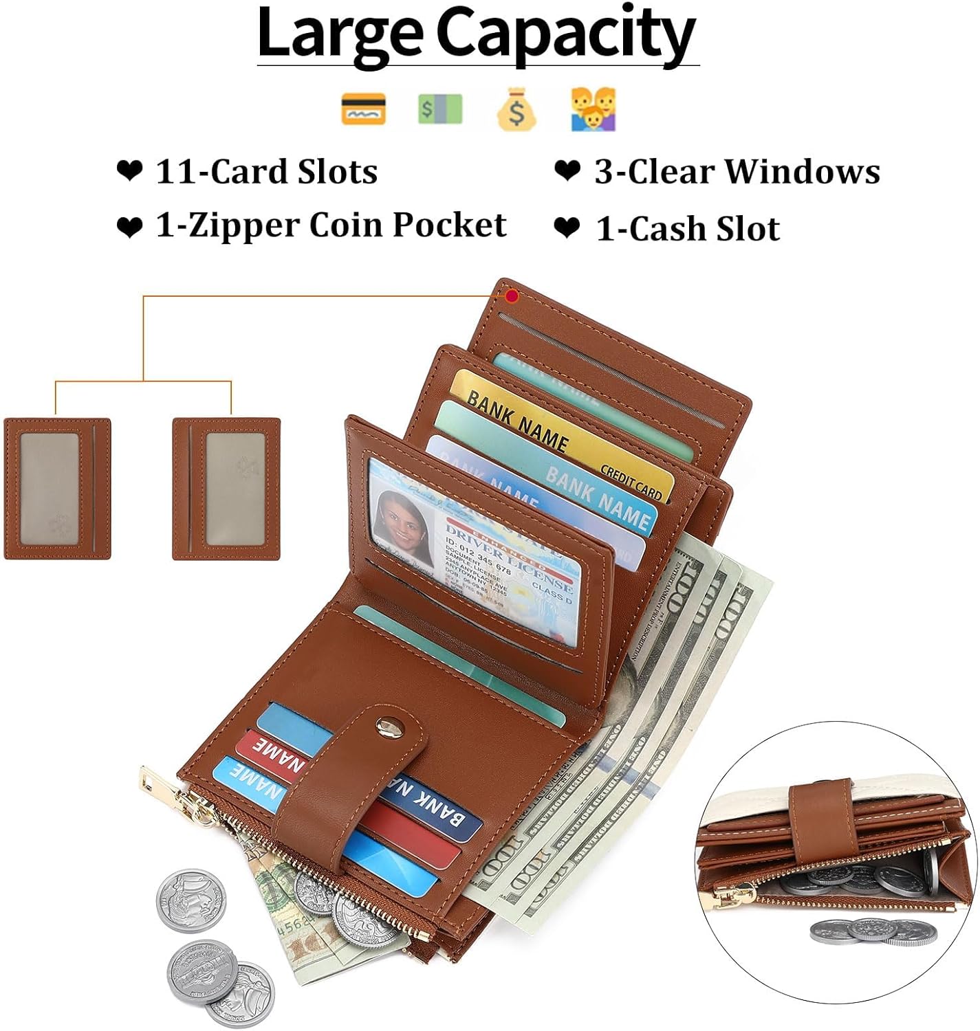 GAEKEAO Small Women Wallet Slim RFID Blocking Leather Bifold Compact Card Holder Wallet for Women with Zipper Change Pocket 3 ID Window - Image 2