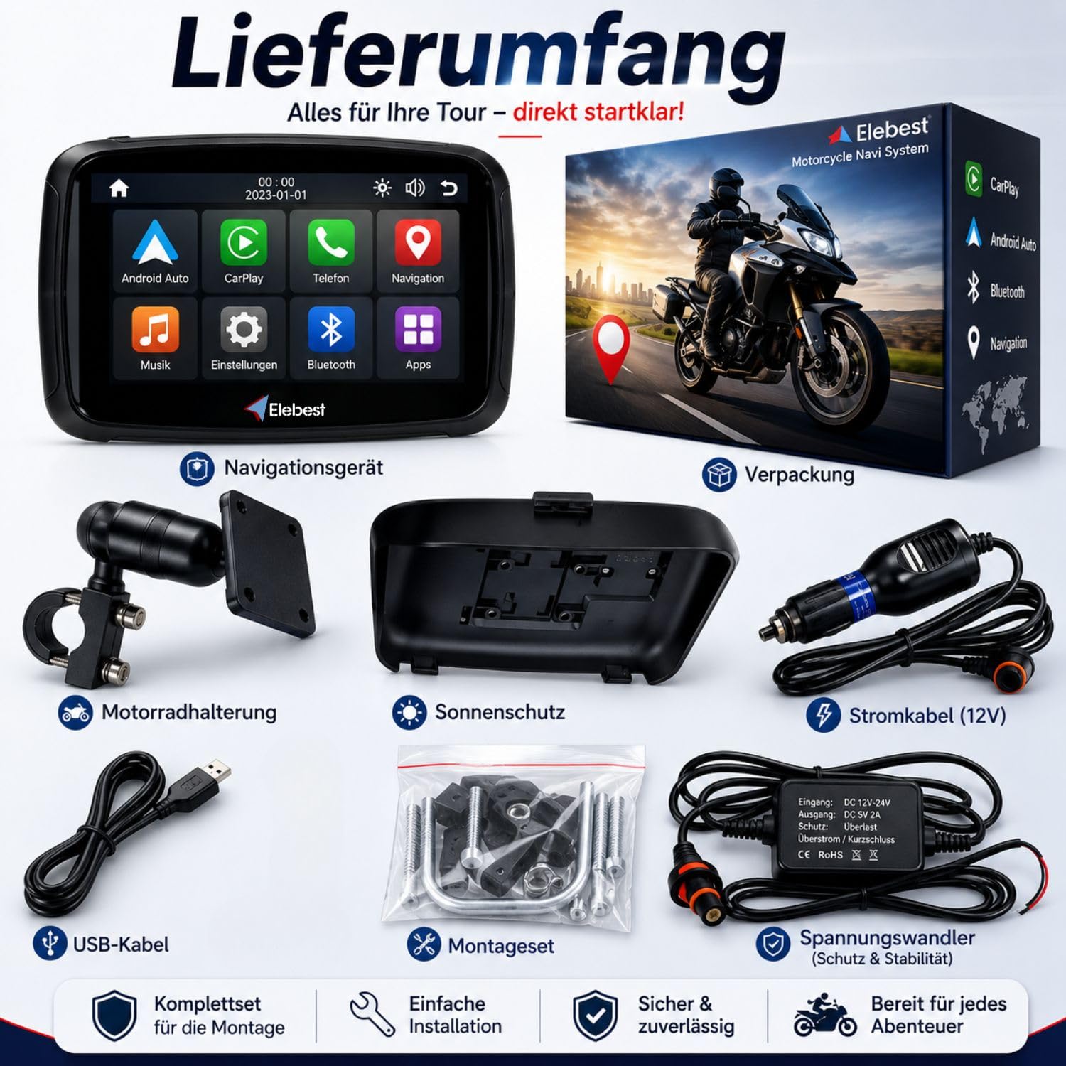 Elebest Motorrad-Navi C650 – Wasserdichtes 5" Navigationssystem mit Wireless CarPlay & Android Auto, Bluetooth, FM-Transmitter & Touchscreen für Motorrad & Auto