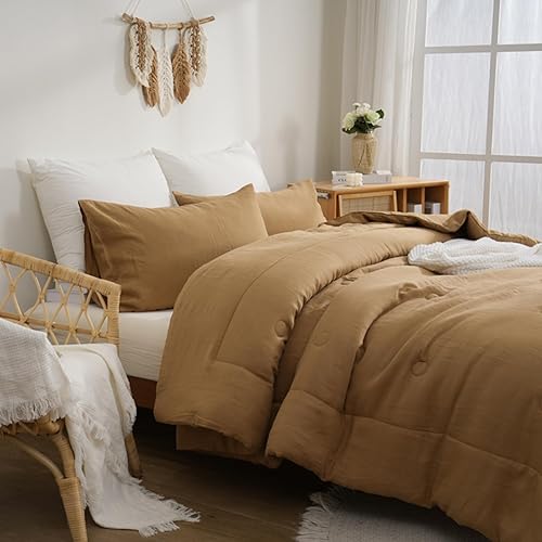 Miniatura 9 de Merryword Juego de edredón de lino francés tamaño King, juego de ropa de cama de lino natural de color caqui, suave, transpirable, ropa de cama de