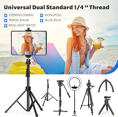 Miniatura 5 de Adaptador de montaje de trípode para iPad con cabeza esférica, soporte universal de abrazadera giratoria 360 con control remoto Bluetooth para iPad