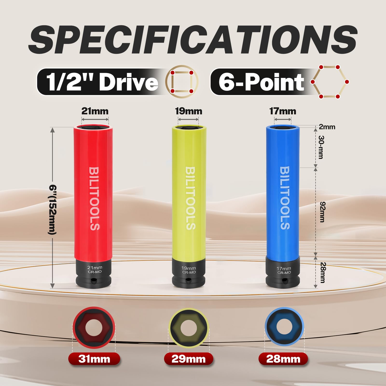 BILITOOLS Set di chiavi a bussola da 1/2", 17, 19, 21 mm, extra lunghe, 15,2 cm, non si rovinano