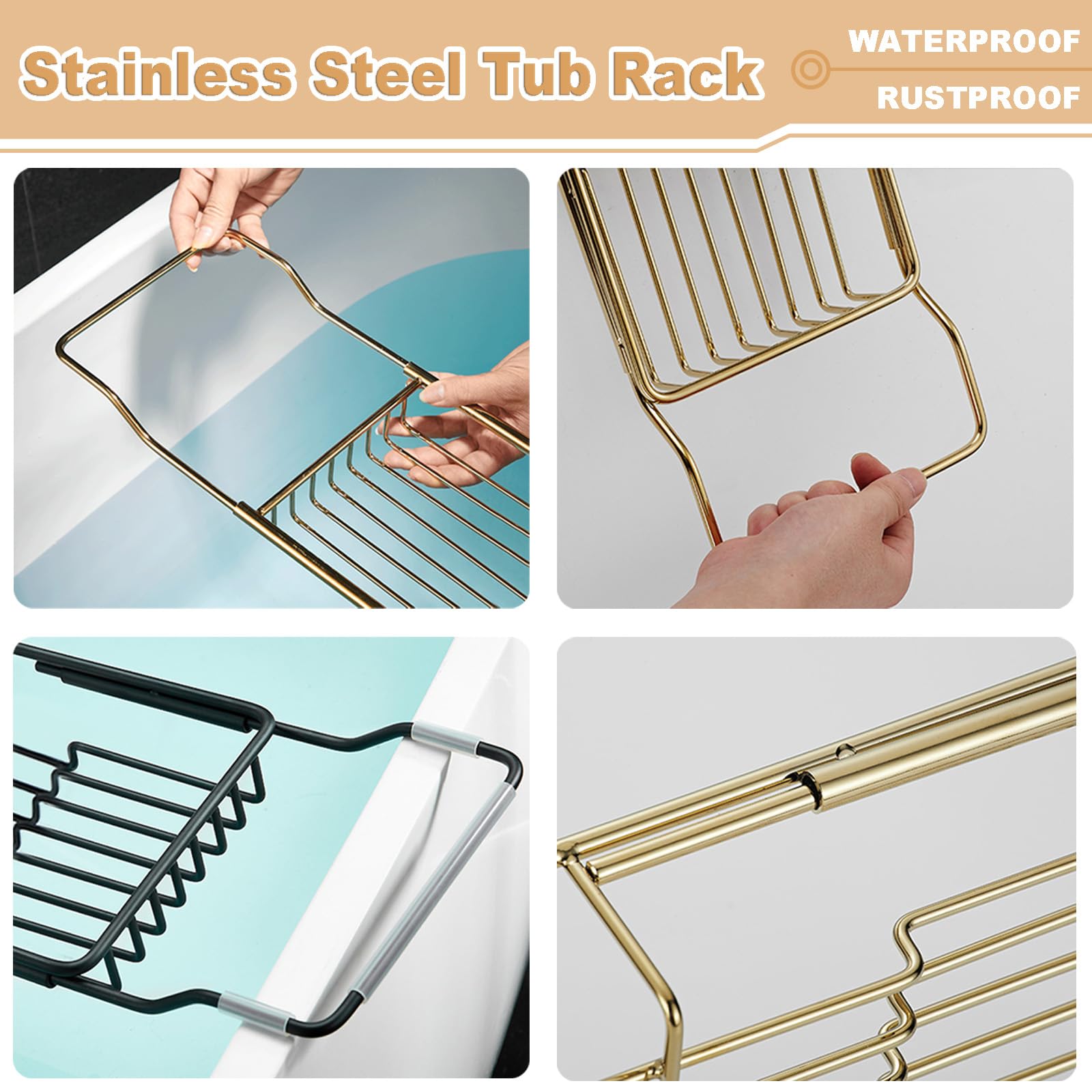 Badewannen-Caddy aus Edelstahl, erweiterbarer Badewannentablett, Tisch, verstellbares Badezimmer-Tablett, Badewannen-Organizer, Wannenregal, Silber, 67 - 89,9 cm