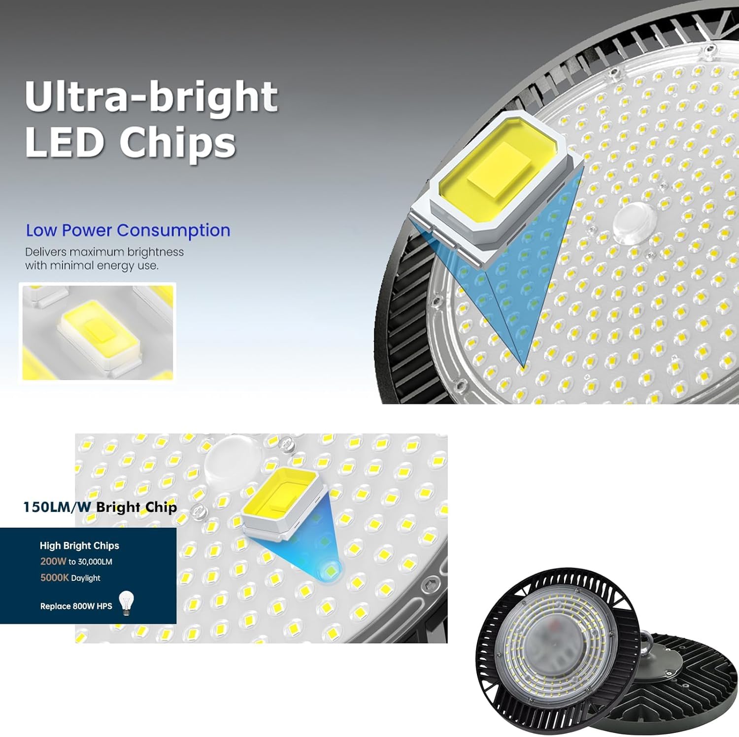 300W-6Pack UFO LED High Bay Light 30000lm 6000K Daylight 2000W Equivalent with US Plug Cable LED Garage Lights — view 2