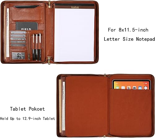 Miniatura 3 de Organizador de cuero genuino hecho a mano para IPaddocumento, portafolio de negocios con soporte para bloc de notas de cuero A4, carpeta compacta de