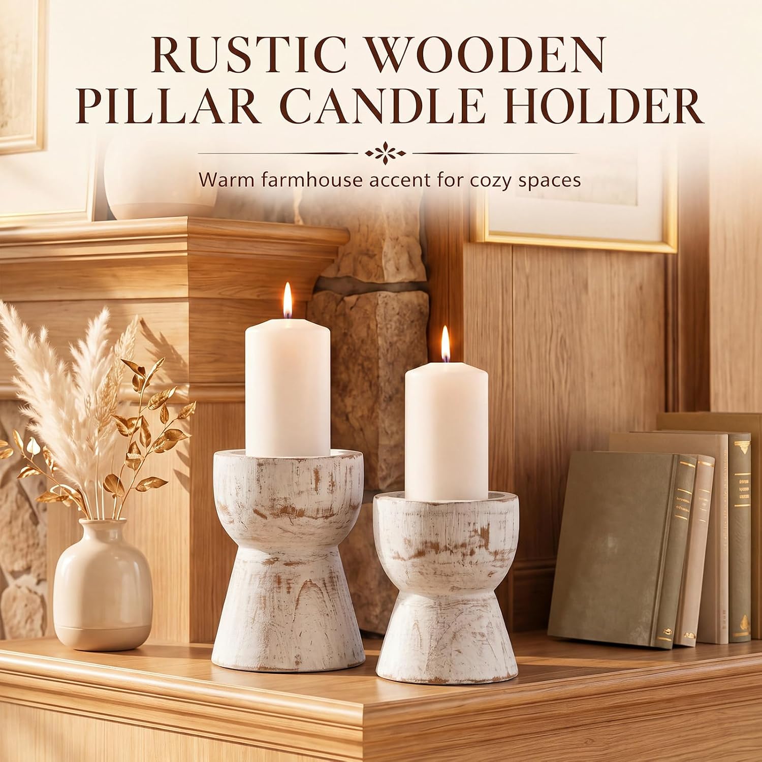 Mumufy Set of 2 Farmhouse Wood Candle Holders for Pillar Candlesticks