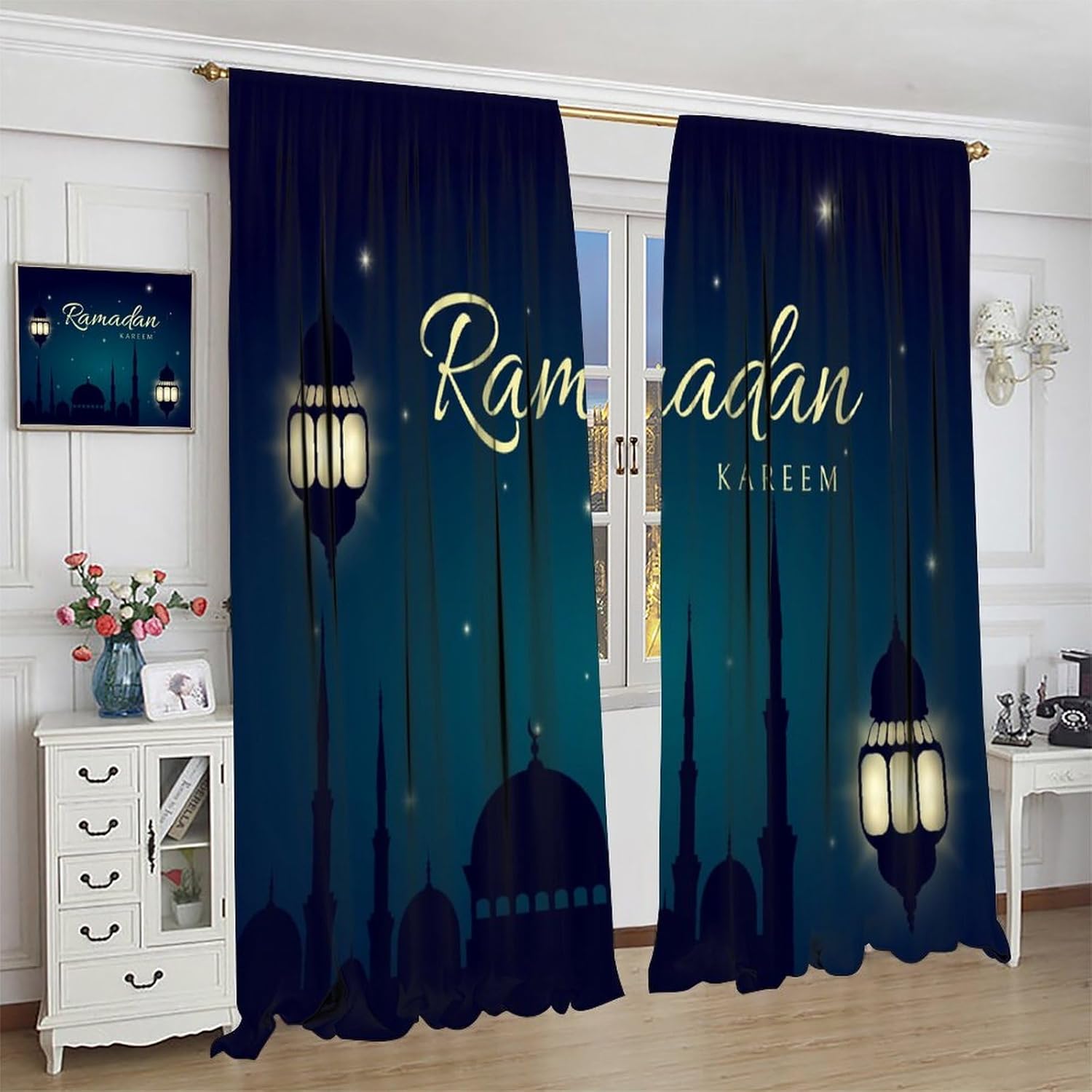 Ramadan Kareem Blackout Window Curtain Ramadan Moon Castle Eid Mubarak Festival for Children Room Bedroom Curtains Drapes 2 Panels 42x45 Inch