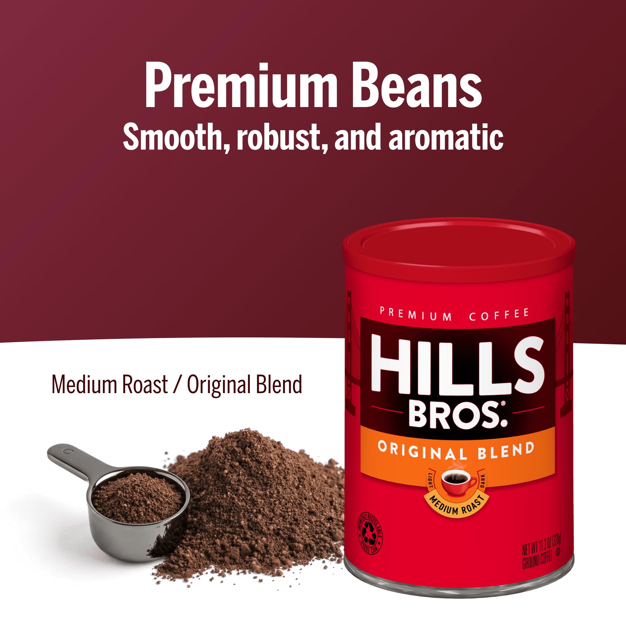 Hills Bros Original Blend Ground Coffee, Medium Roast, 11.3 Oz