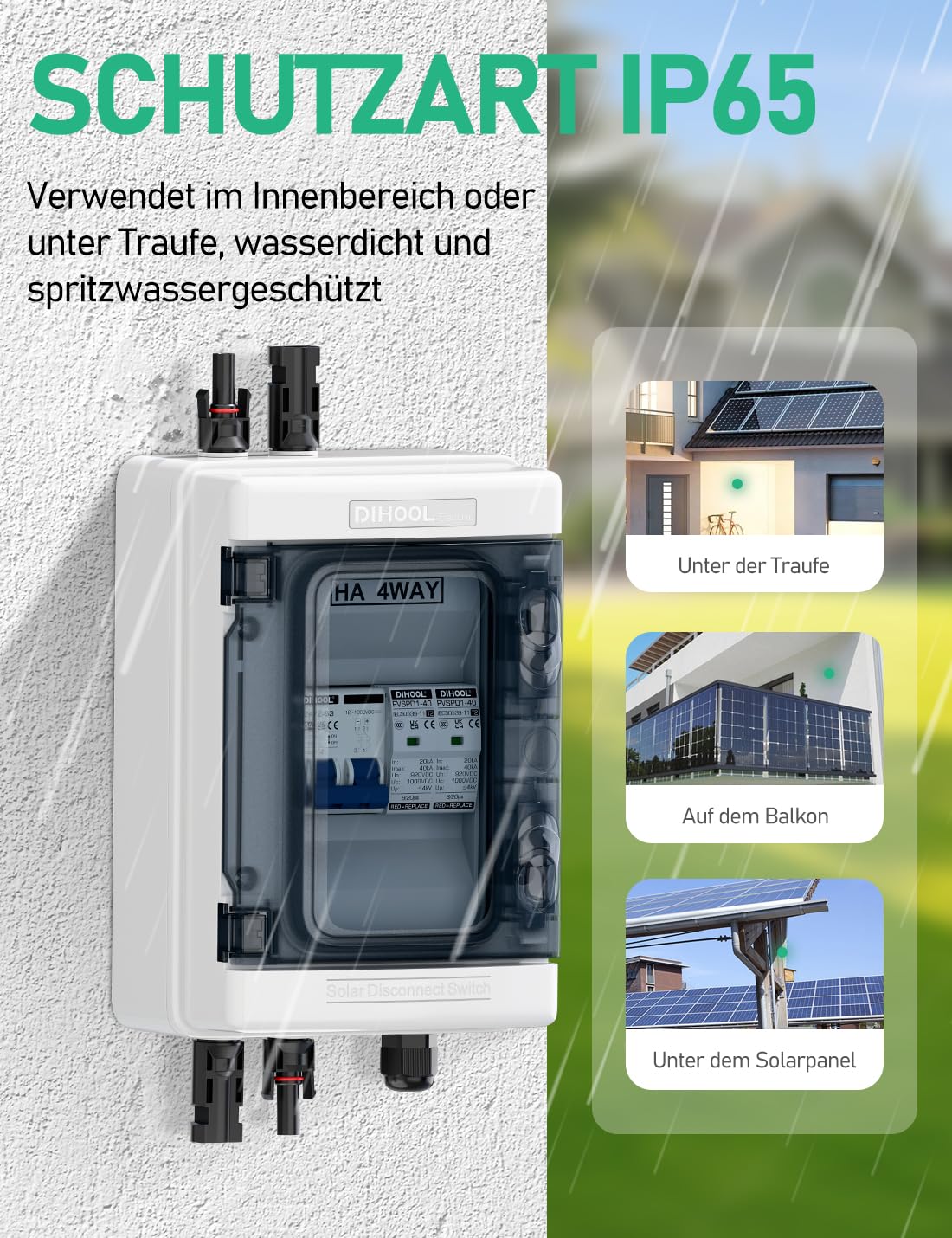 DIHOOL DC überspannungsschutz PV Anlage Solar Anschlusskasten für 2 * 600W Solarmodule Balkonkraftwerk, DC Trennschalter 40A 1000V