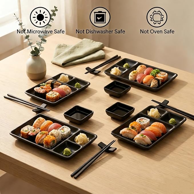 Set de 16 Platos de Sushi de Melamina, Incluye 4 Platos, 4 Salseros, 4 Pares de Palillos y 4 Posapalillos miniatura 5