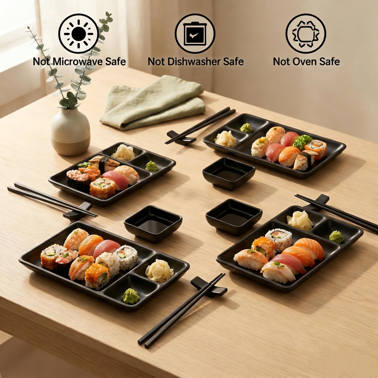 Pumtus Juego de platos japoneses de sushi de 16 piezas, juego de servir de sushi de melamina, juego de vajilla de sushi, incluye 4 platos de servir sushi, 4 platos de salsa de soja, 4 pares de