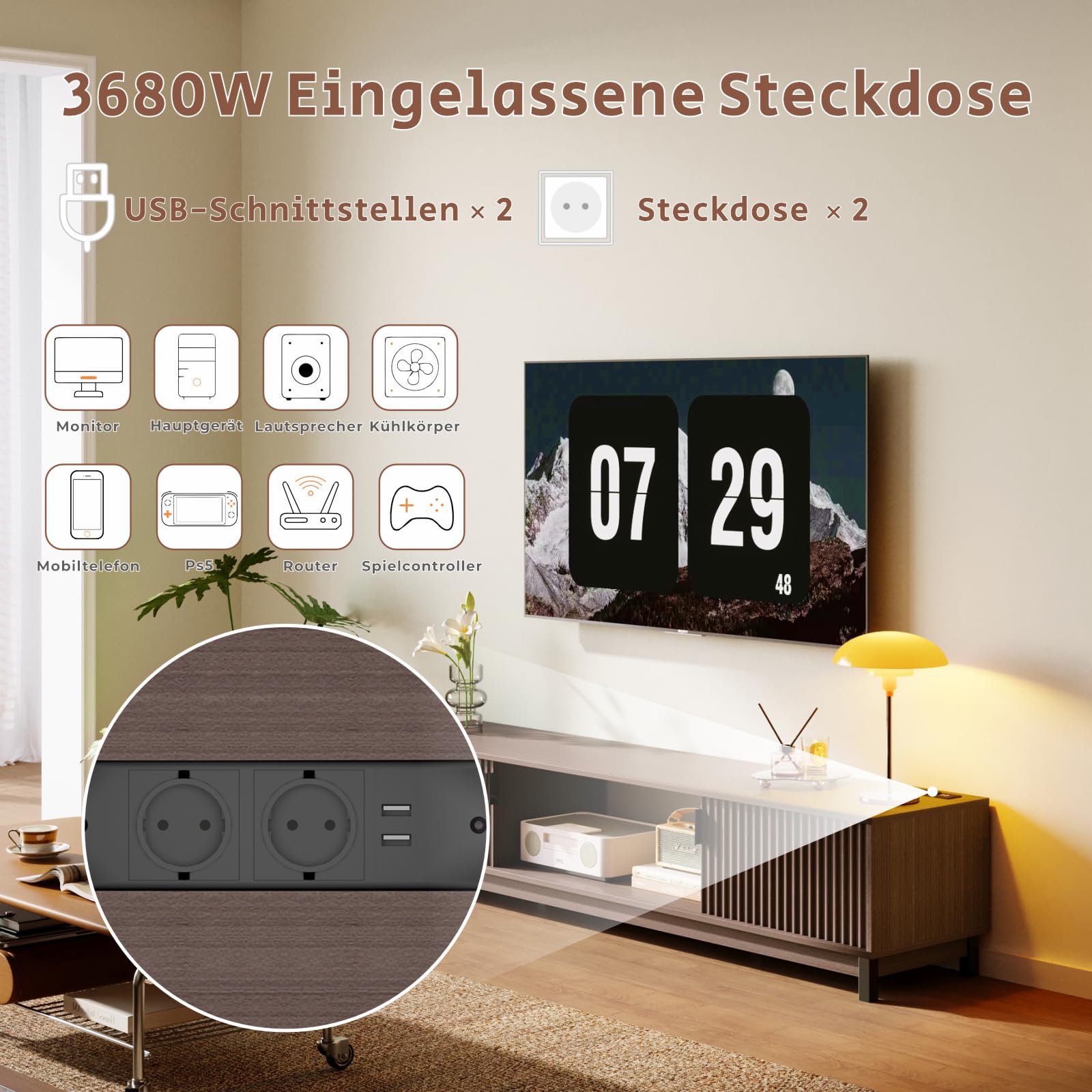 178 cm TV Lowboard für Fernseher bis 80 Zoll, TV Board mit Steckdose & USB-Anschluss, Modernes TV Schrank mit 2 Türen und Offenen Fächern, Braun