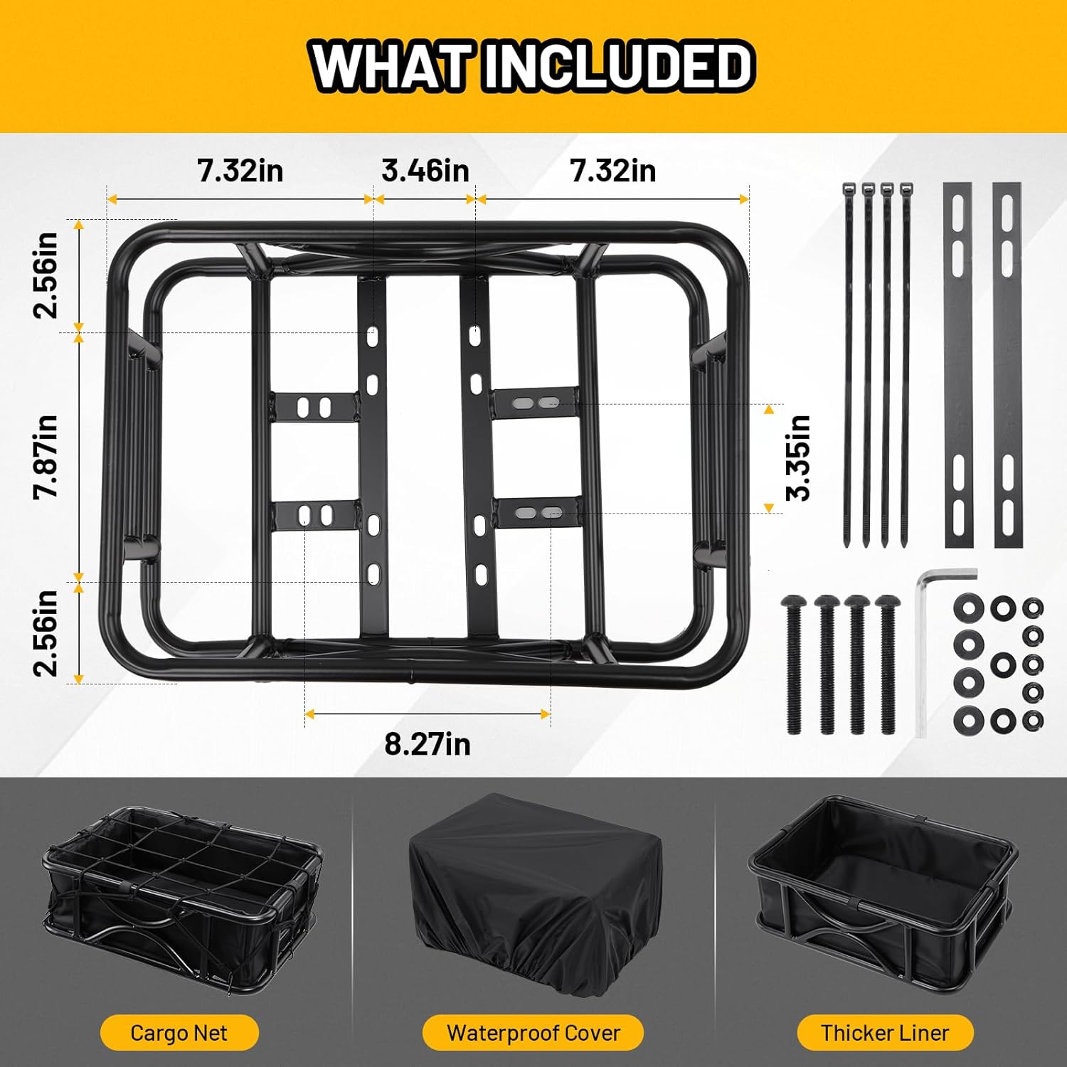 Heavy Duty Rear Bike Basket for Adults, Bicycle Cargo Basket with Removable Liner, Waterproof Cover & Cargo Net, Universal Fit for E-Bike, Mountain Bike, Dog Carrier