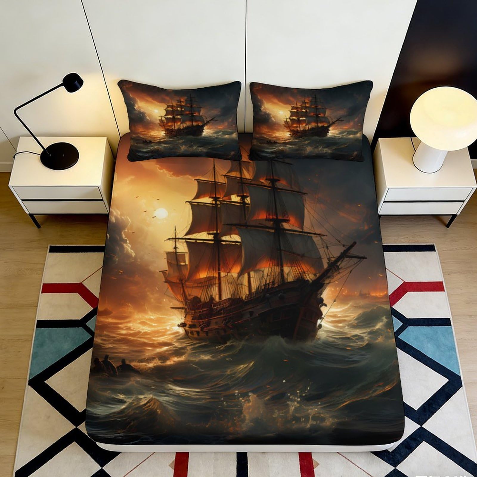 3D Printed Vintage Pirate Ship Fitted Sheet Microfiber Soft Breathable Ocean Sunset Bed Cover for Bedroom Decor 90x200x25cm