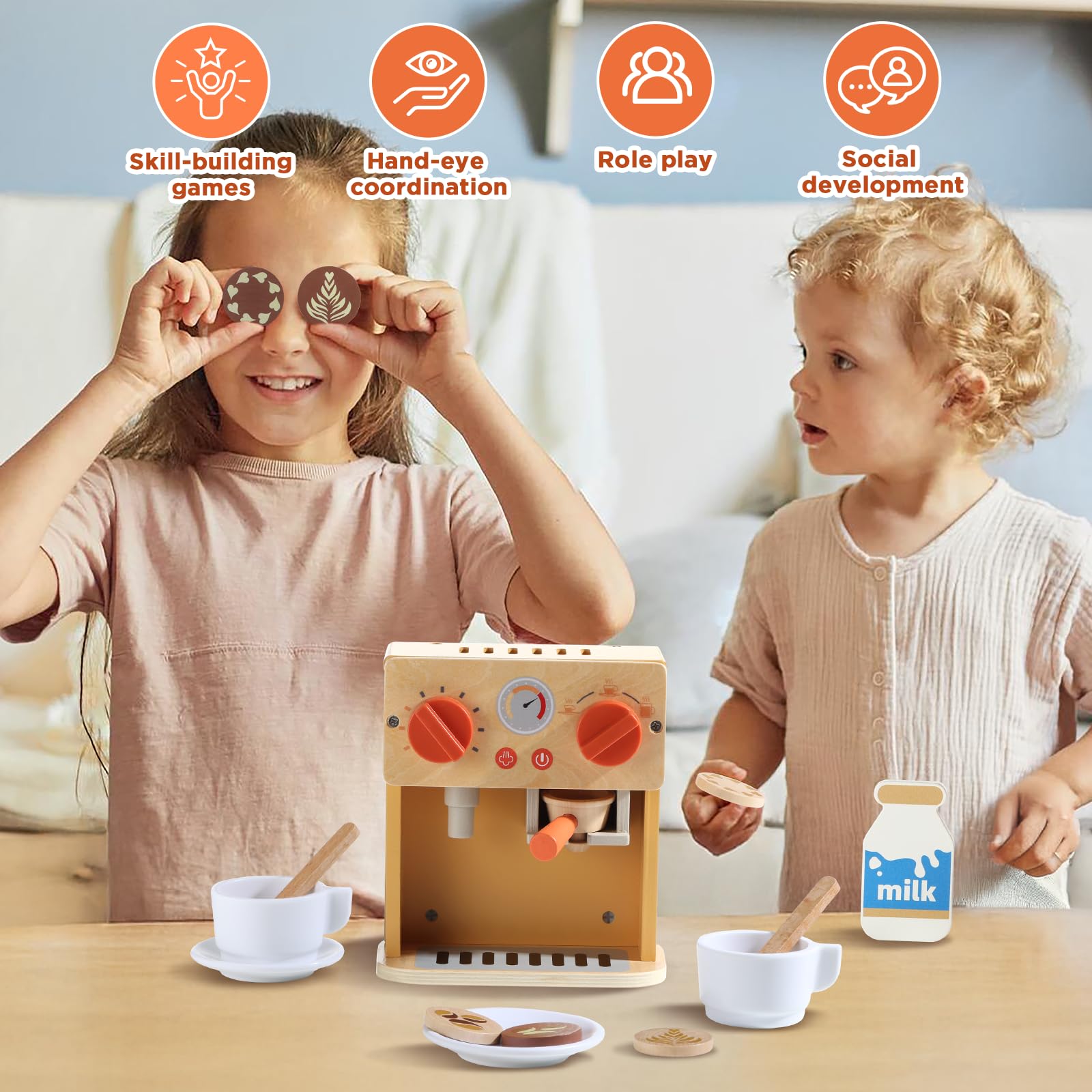 GAGAKU Cafetera de madera, juguetes para niños, juegos de fantasía, cafetera espresso, juego de accesorios para cocina de juegos, juguetes de cuero de madera para coordinación mano-ojo y habilidades