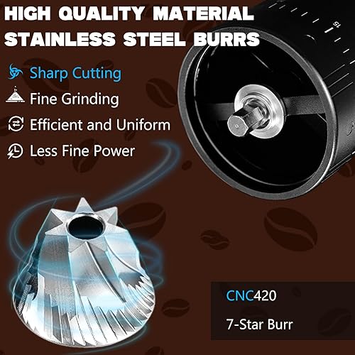 Miniatura 2 de Molinillo de café manual, 7 estrellas, capacidad de rebabas de acero inoxidable, 0.88 oz, ajuste ajustable externo, molinillo de café portátil para