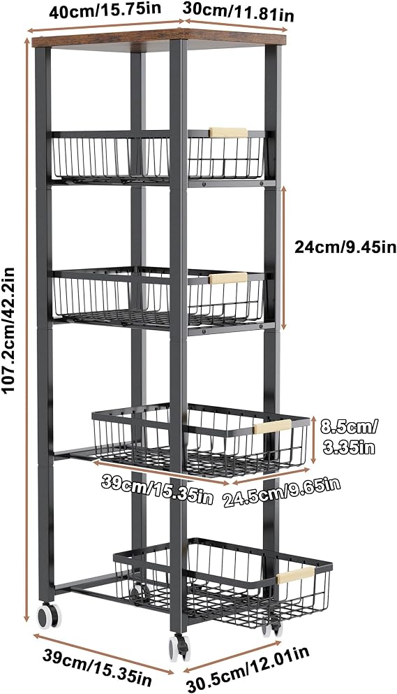 5-tier Vegetable Rack with Wooden Top for Kitchen Storage（Black