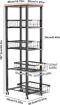 5-tier Vegetable Rack with Wooden Top for Kitchen Storage(Black