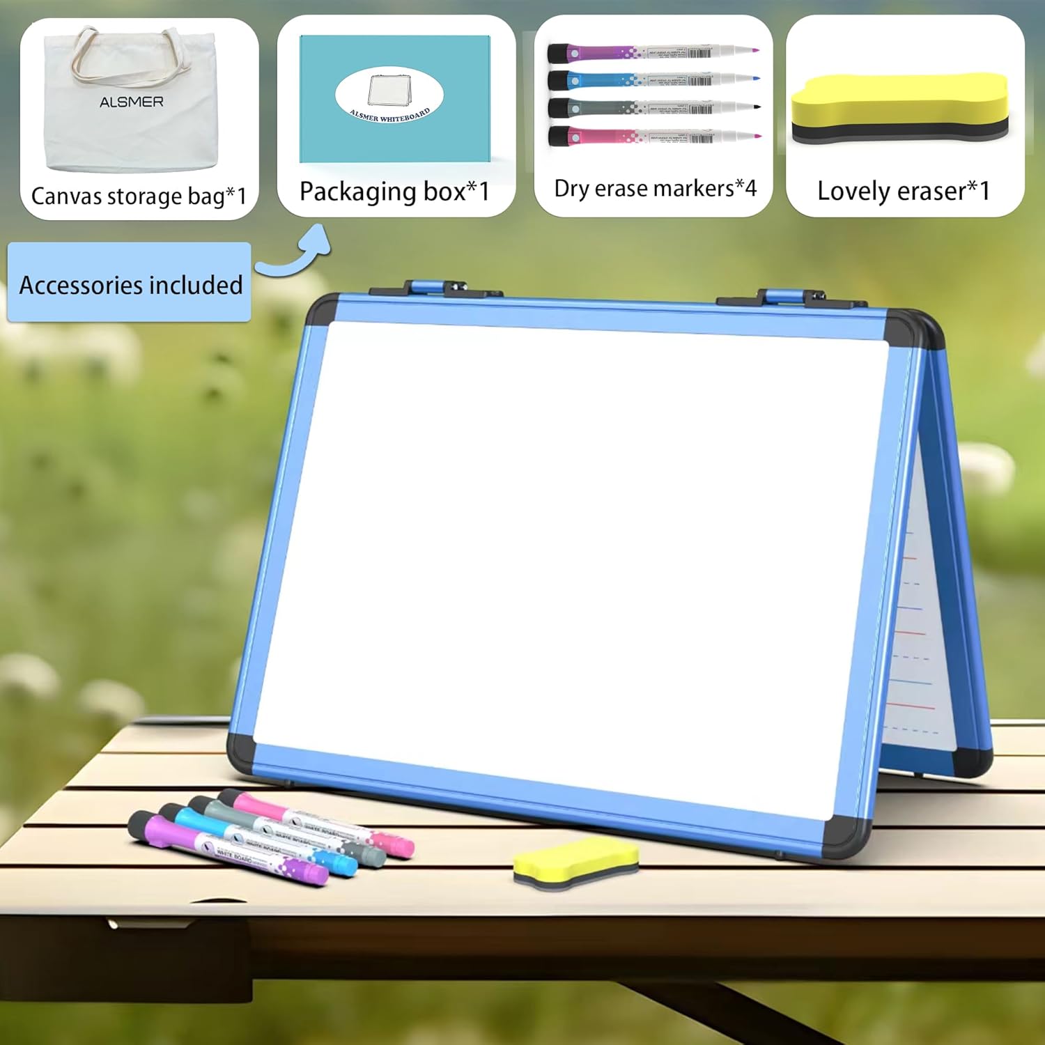 Dry Erase Board, 17x13 inch with 4 Sides Magnetic Whiteboard, A3 Foldable Small White Board with Lines, Perfect for Office, School, and Home. (Blue)