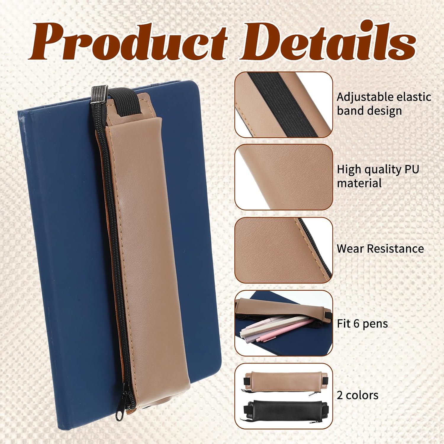 2 Pack Elastic Pen Holder for Notebook, PU Leather Pencil Case with Adjustable Band Notebook Pen-Sleeve Zipper Pouch for Planners, Journals, Book, Binders