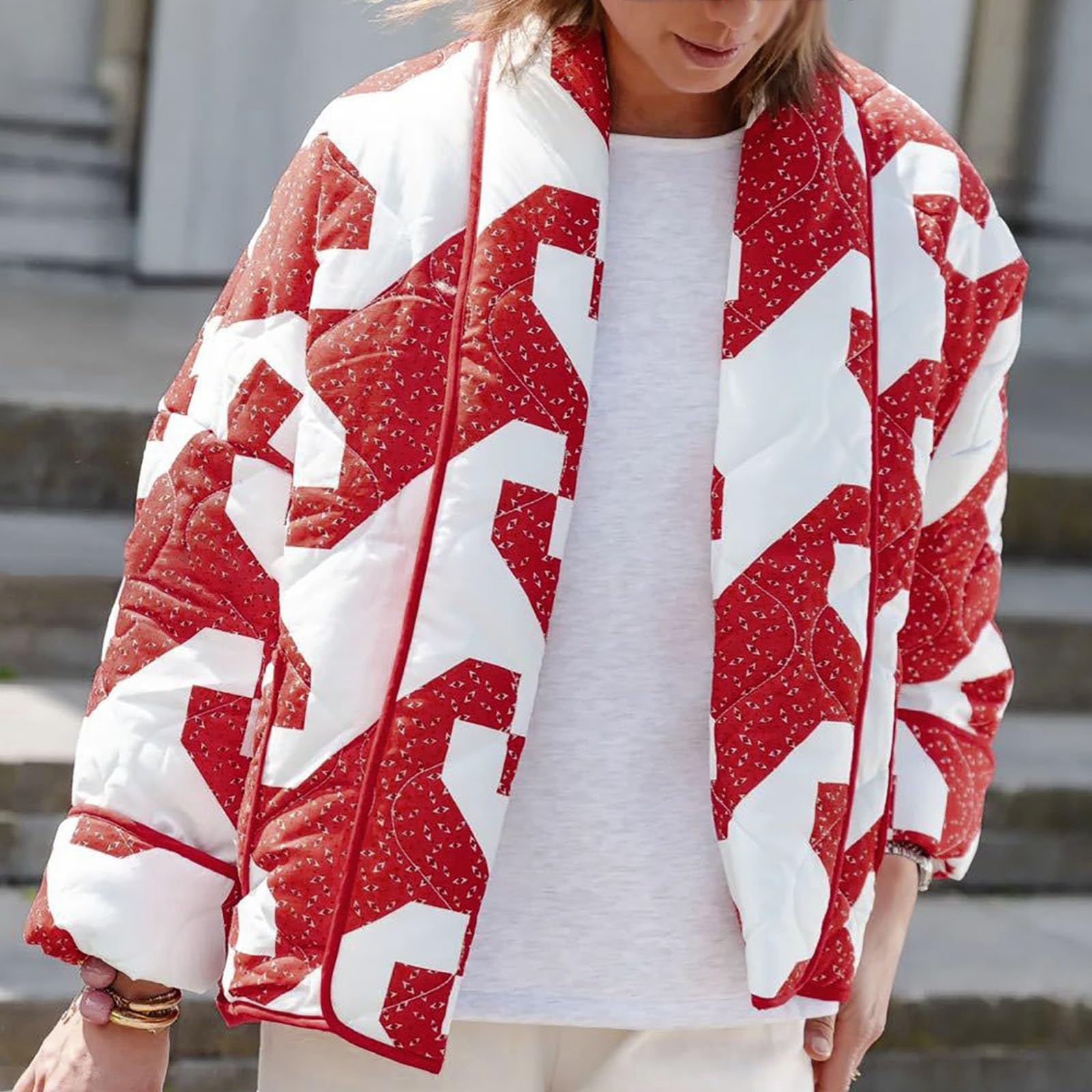 Chaqueta Mujer Abrigo Entretiempo Invierno Cazadora Plumiferos，Chaqueta acolchada con estampado en contraste y sueltas de tamaño para mujer