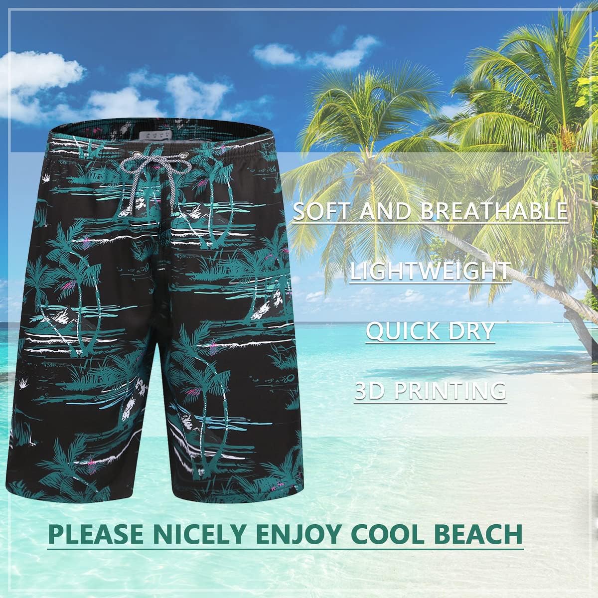 iCKER Mens Swim Shorts Swimming Trunks 3D Print Beach Shorts Boardshorts for Summer S Black S7